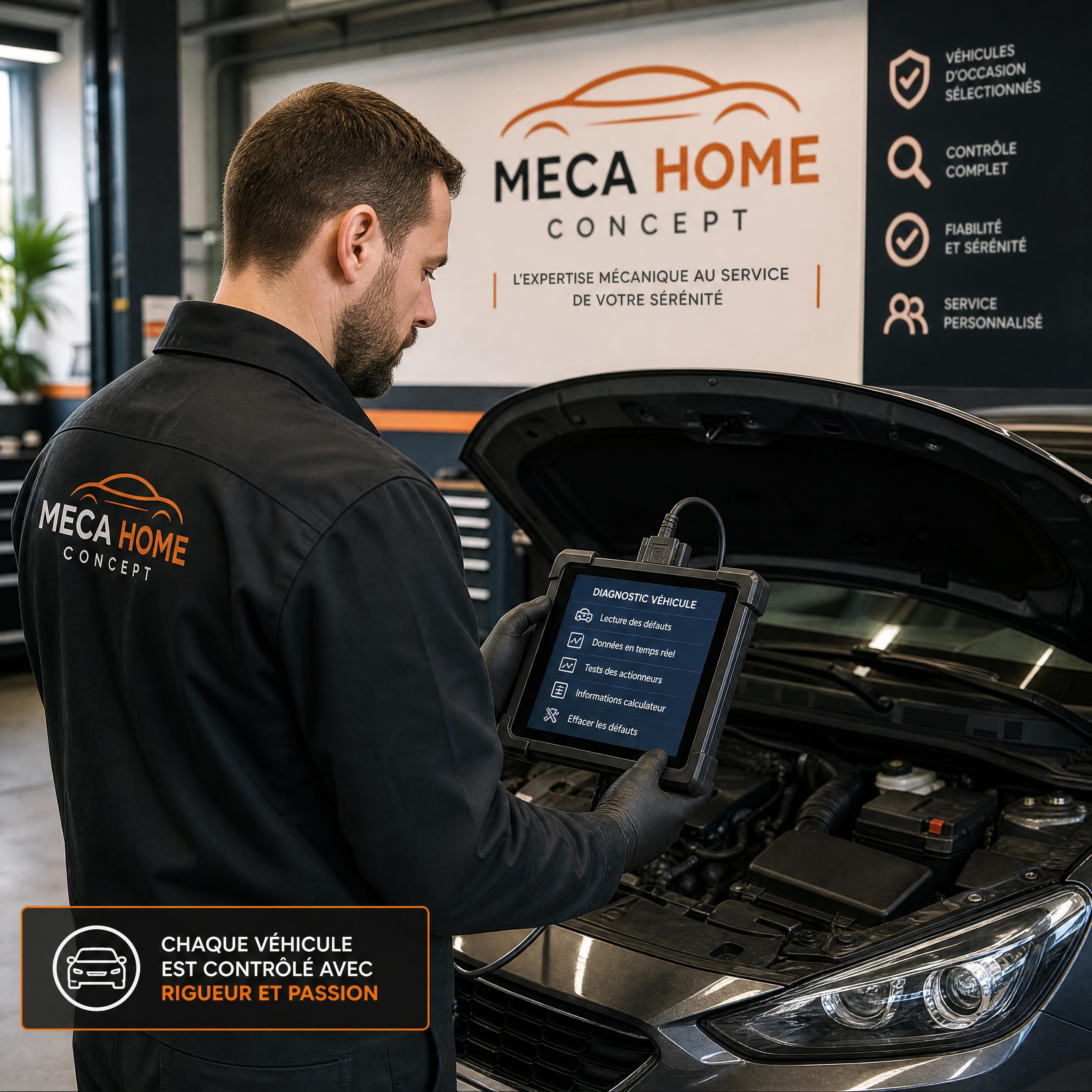 Un mécanicien de Meca Home Concept utilisant un outil de diagnostic professionnel sur une voiture d'occasion