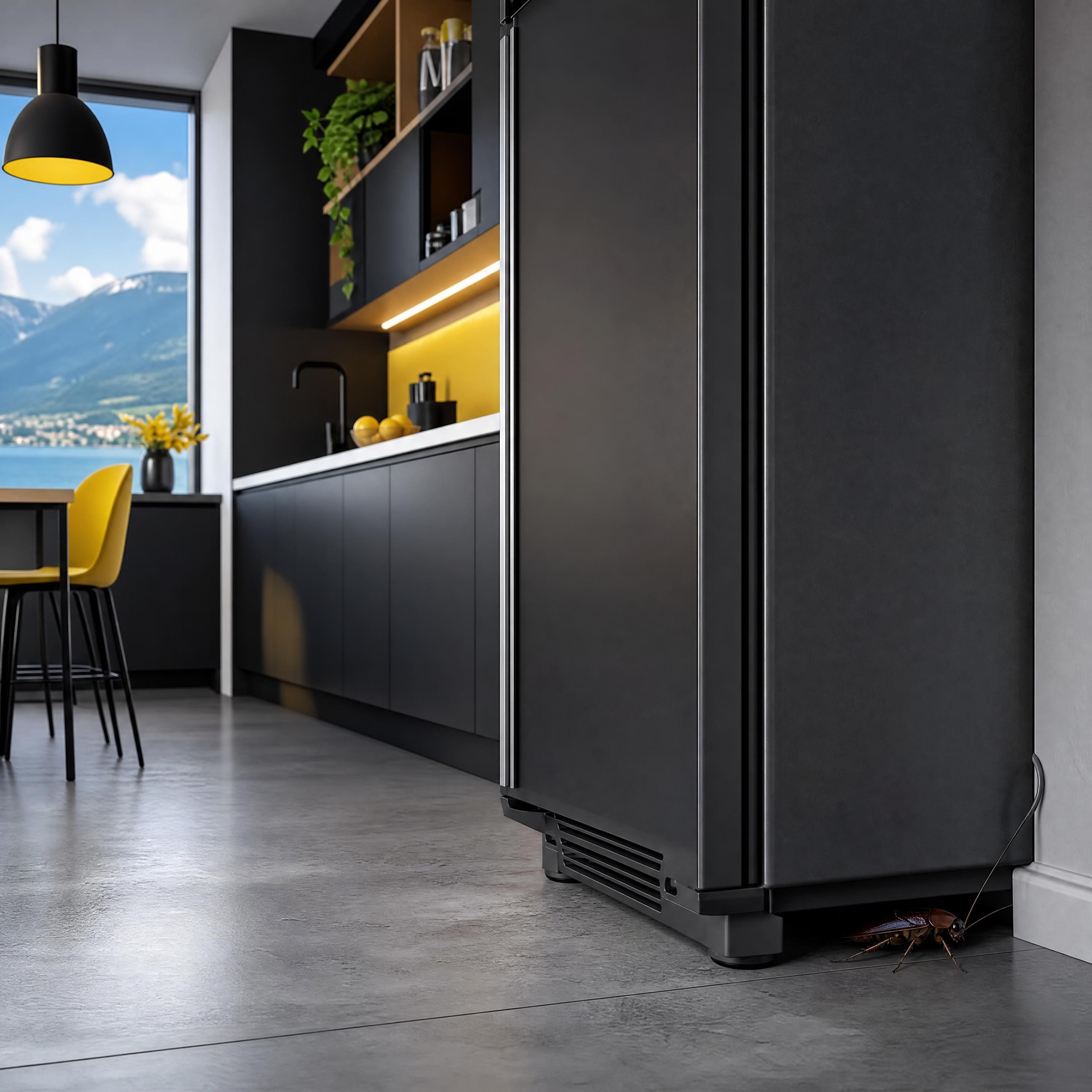 cafard réaliste derrière un réfrigérateur dans une cuisine moderne d’Annecy, ambiance noire anthracite jaune et blanche, sans personne ni texte