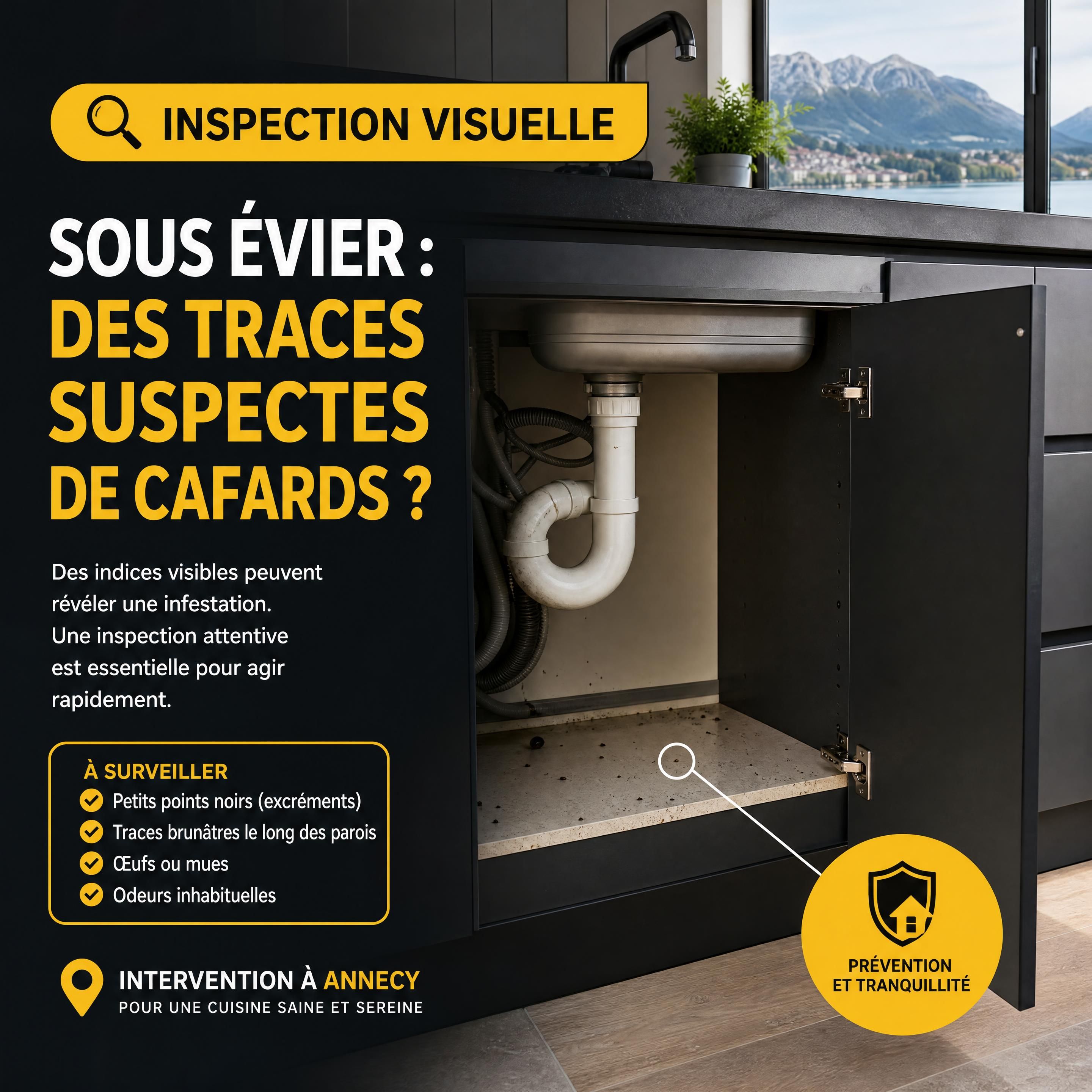 inspection visuelle d’une zone sous évier avec traces suspectes de cafards, cuisine propre à Annecy, style réaliste, couleurs noir anthracite jaune et blanc, sans technicien