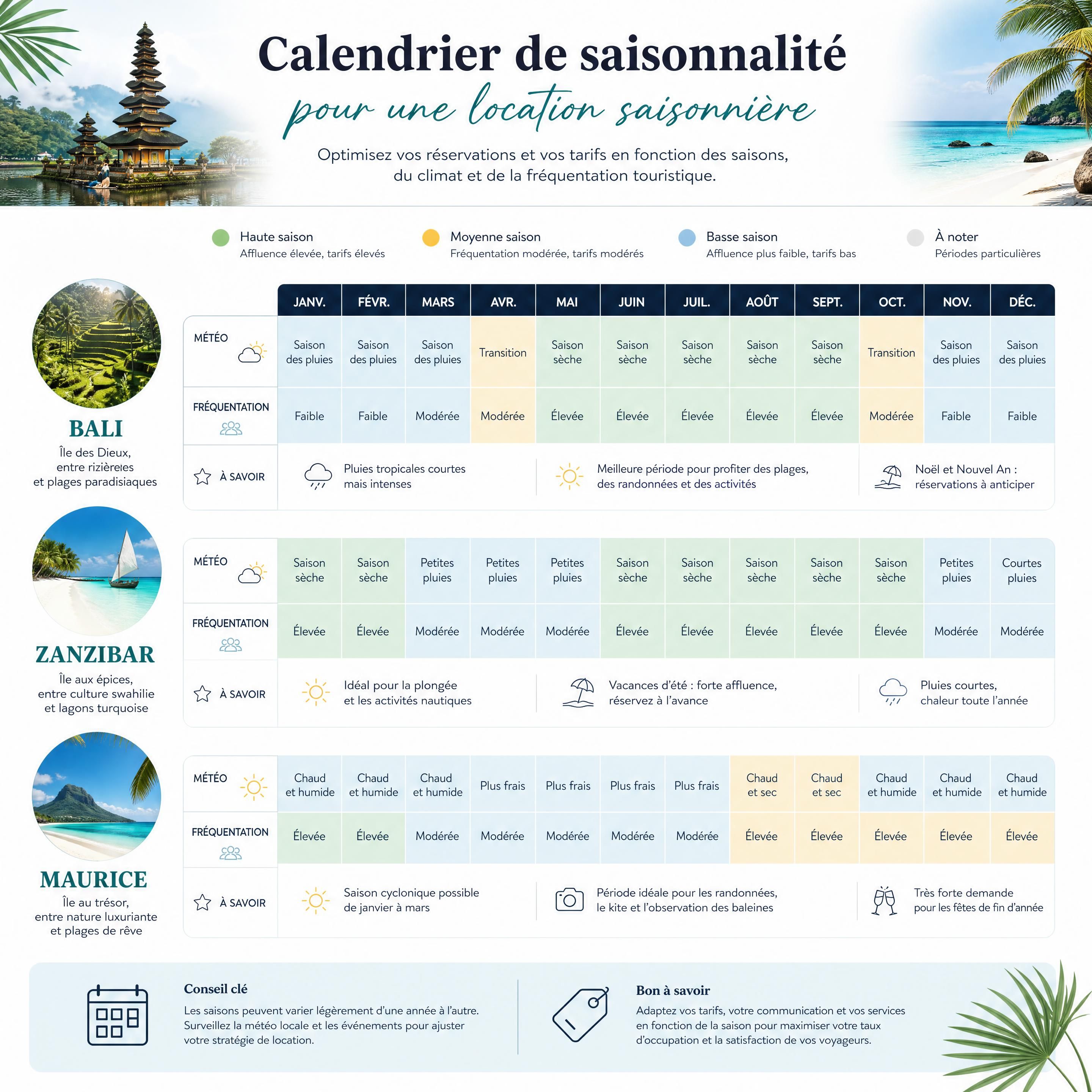 calendrier de saisonnalité pour une location saisonnière étranger à Bali, Zanzibar et Maurice