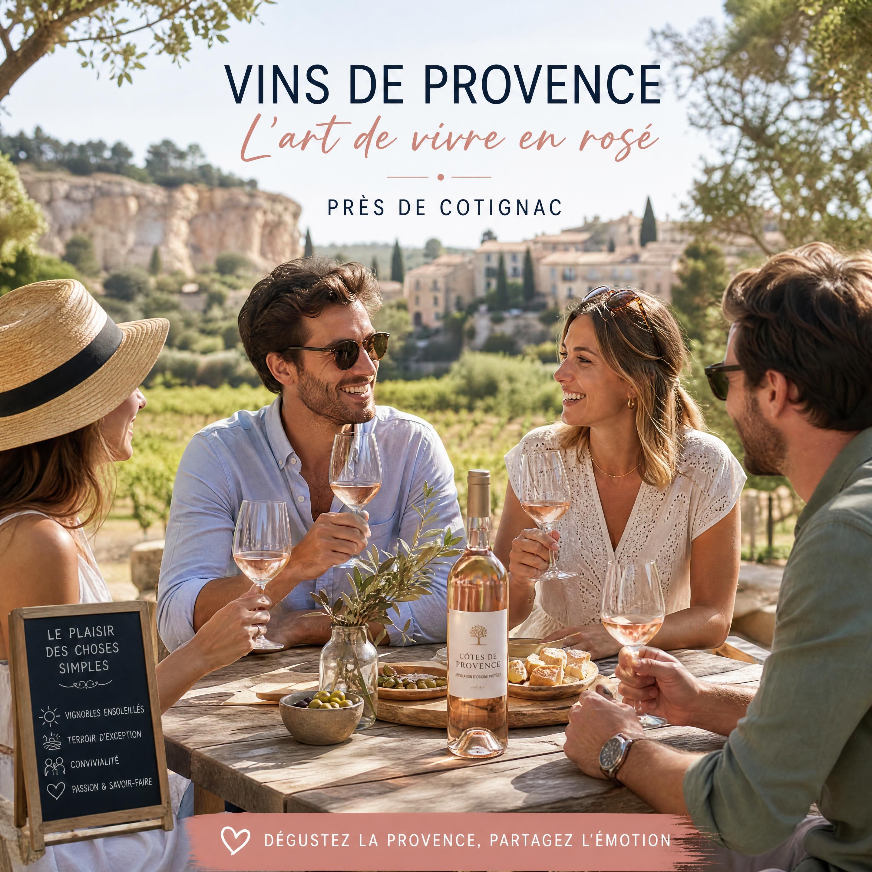 Groupe d’amis dégustant des vins de Provence dans un domaine viticole près de Cotignac