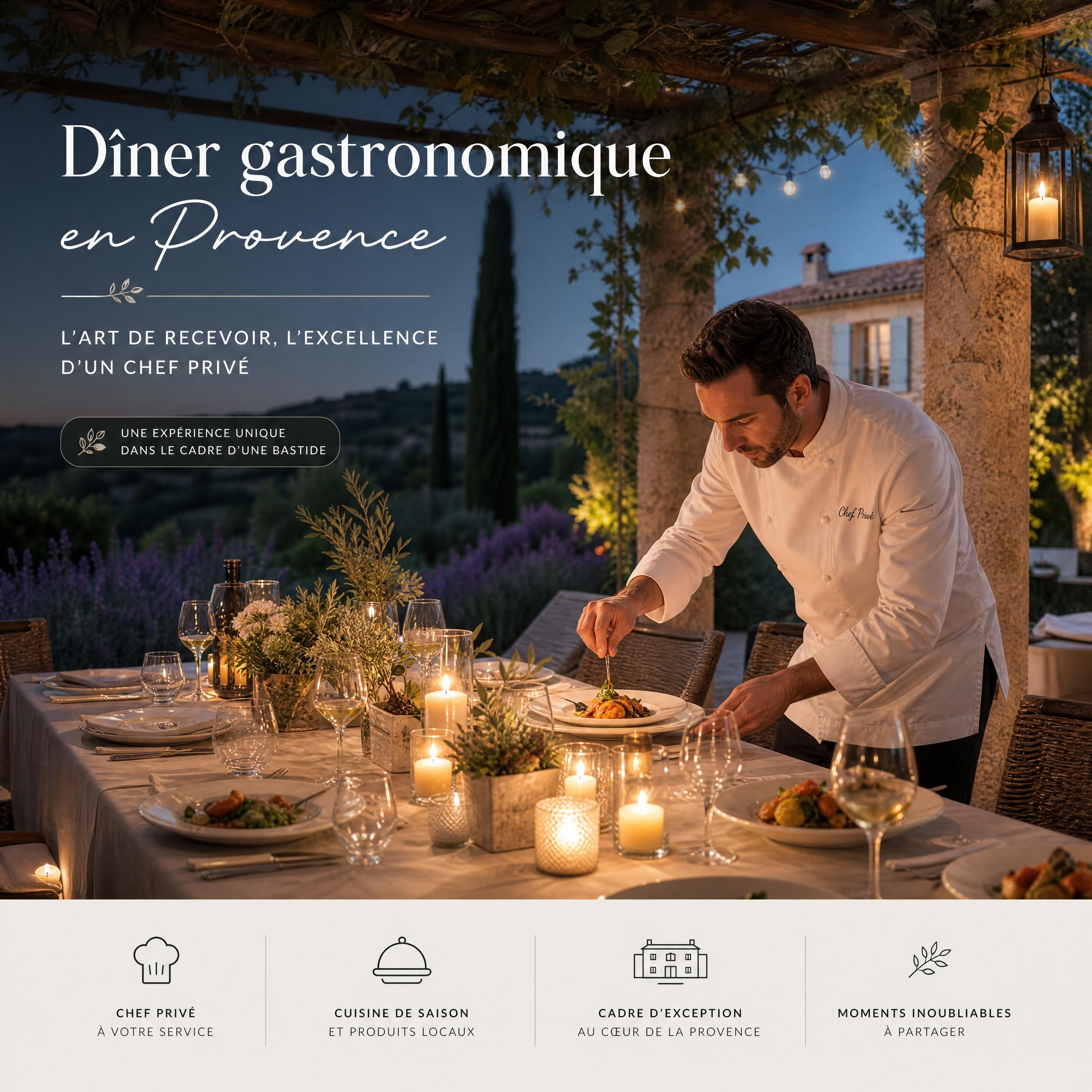 Dîner gastronomique préparé par un chef privé sous une pergola de bastide en Provence, table élégante éclairée aux bougies