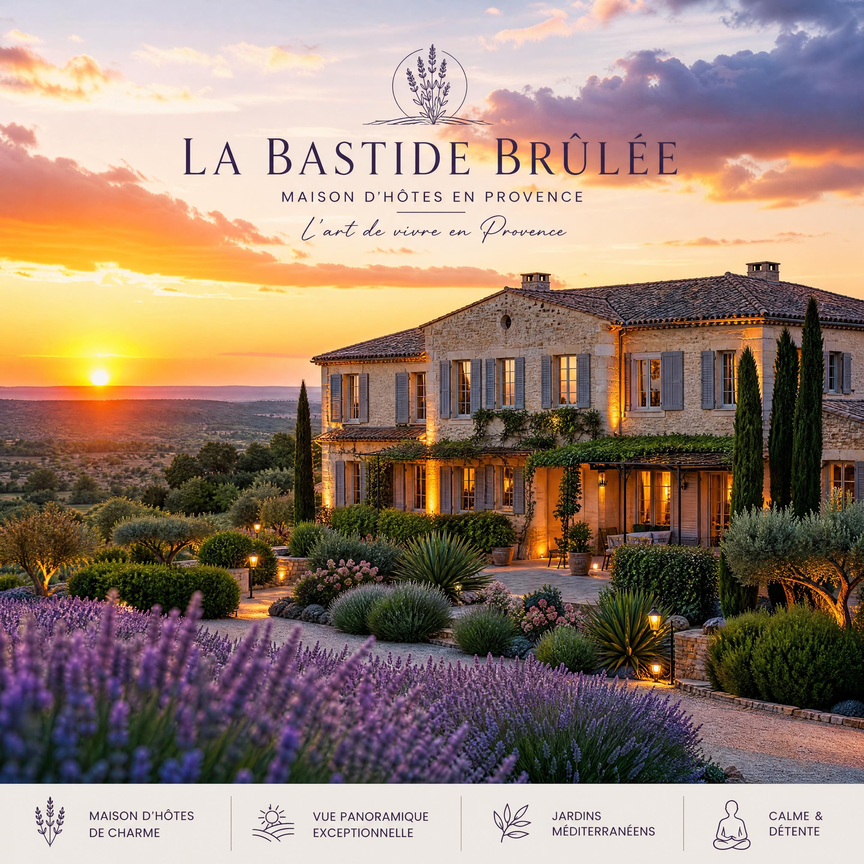 Vue immersive de La Bastide Brûlée au coucher du soleil, bastide provençale entourée de lavande et de jardins méditerranéens