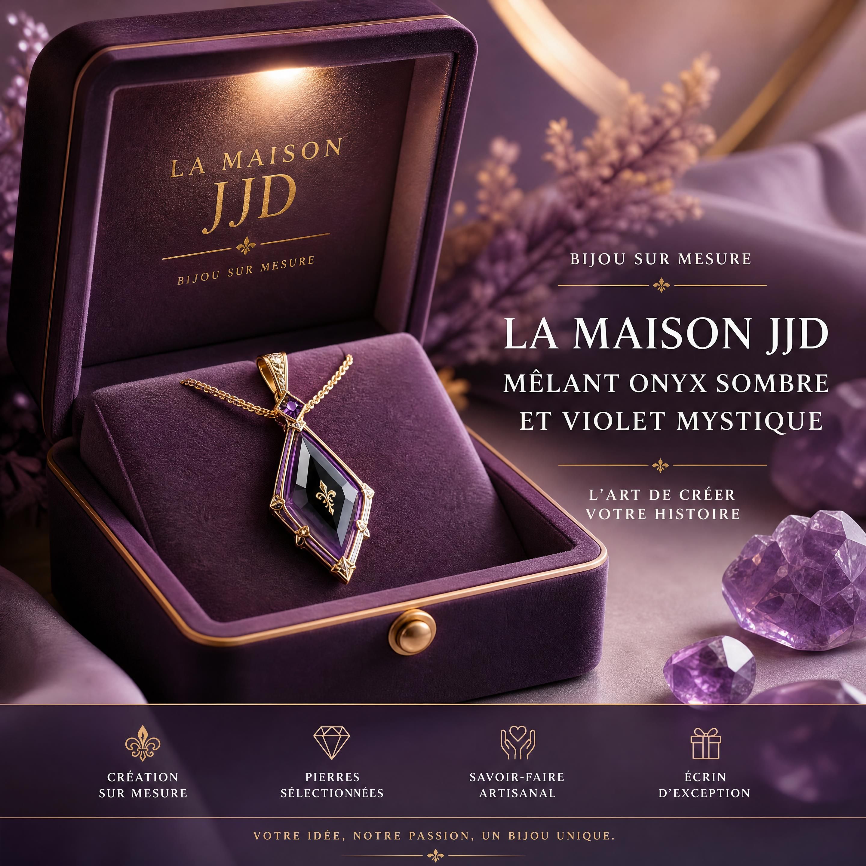 Bijou sur mesure La Maison JJD mêlant onyx sombre et violet mystique, présenté dans un écrin élégant illuminé d'or chaud et de nuances parme