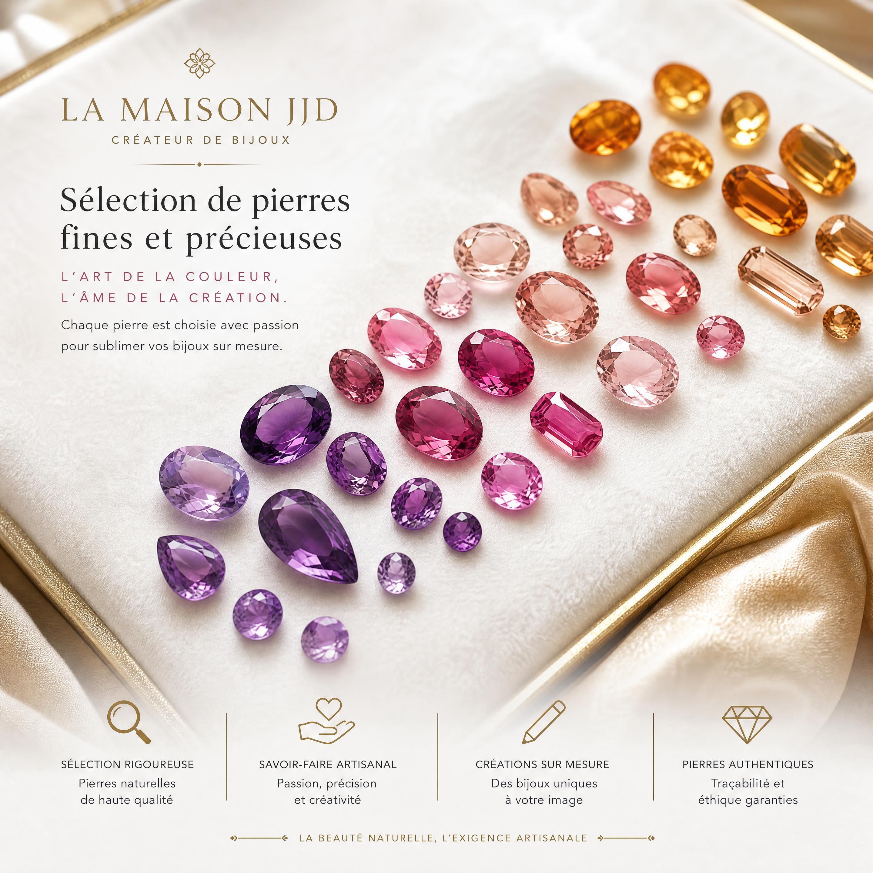 Sélection de pierres fines et précieuses en dégradé de rose, violet et ambre sur velours blanc et or, illustrant la créativité artisanale de La Maison JJD