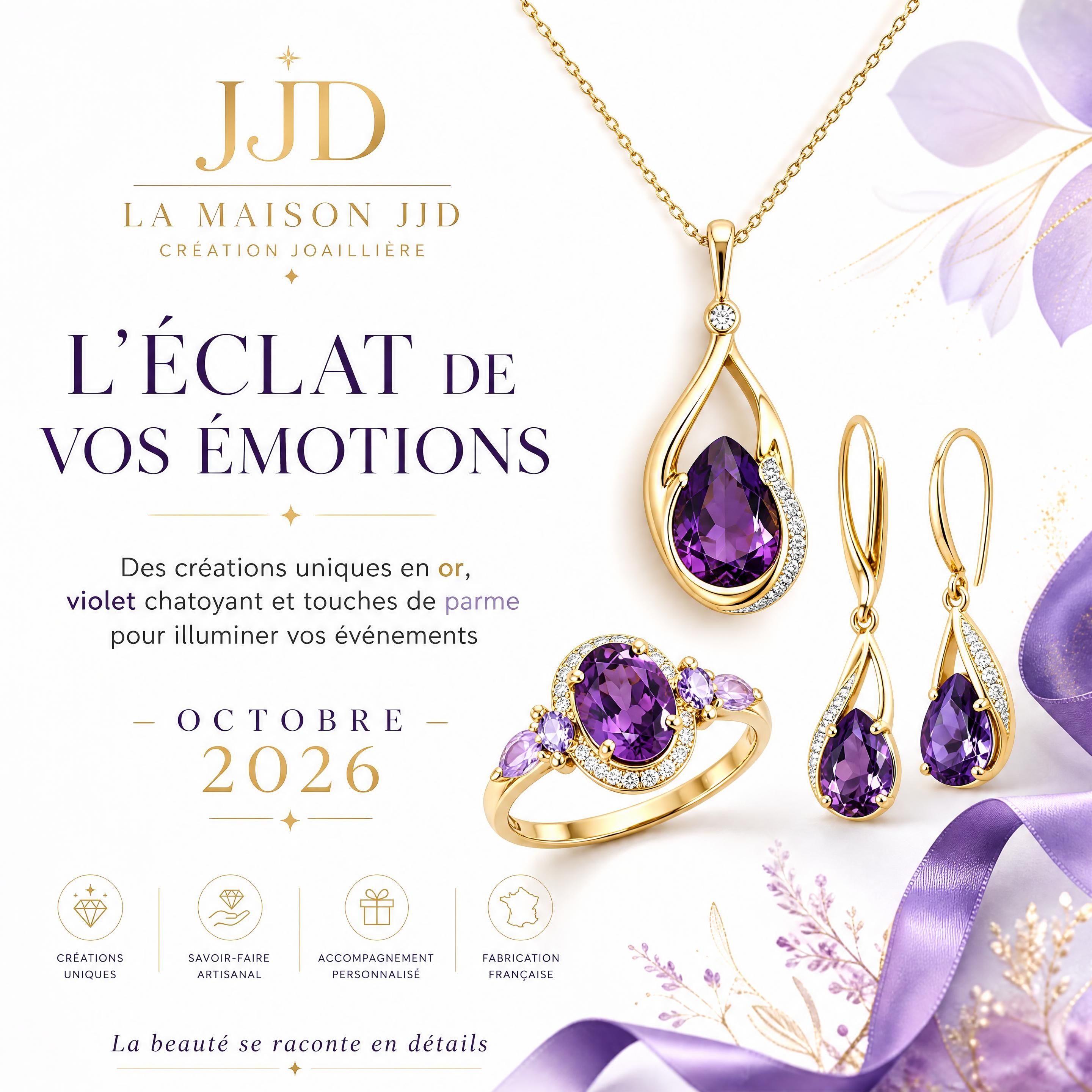 Création joaillière élégante de La Maison JJD sur fond blanc lumineux, rehaussée de reflets or vif, violet chatoyant et touches de parme pour illuminer les événements d'octobre 2026