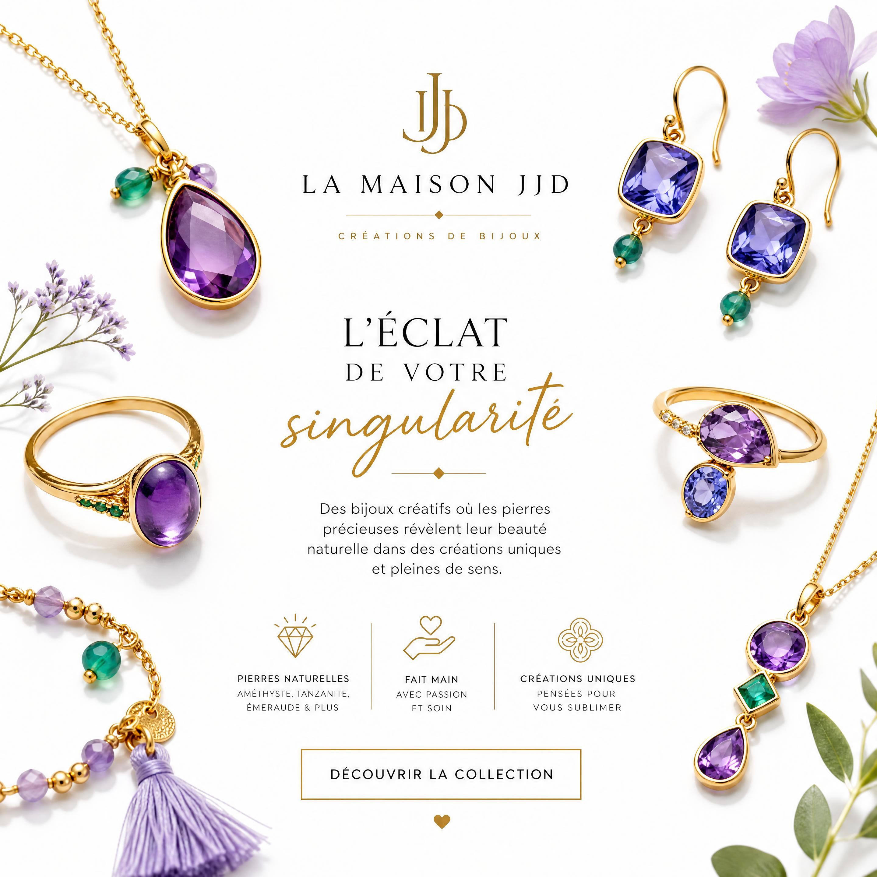 Composition élégante et lumineuse sur fond blanc immaculé présentant une sélection de bijoux créatifs La Maison JJD. Des reflets doré vif subliment des gemmes violet chatoyant (améthyste et tanzanite), subtilement rehaussées de touches de vert émeraude et de parme délicat.