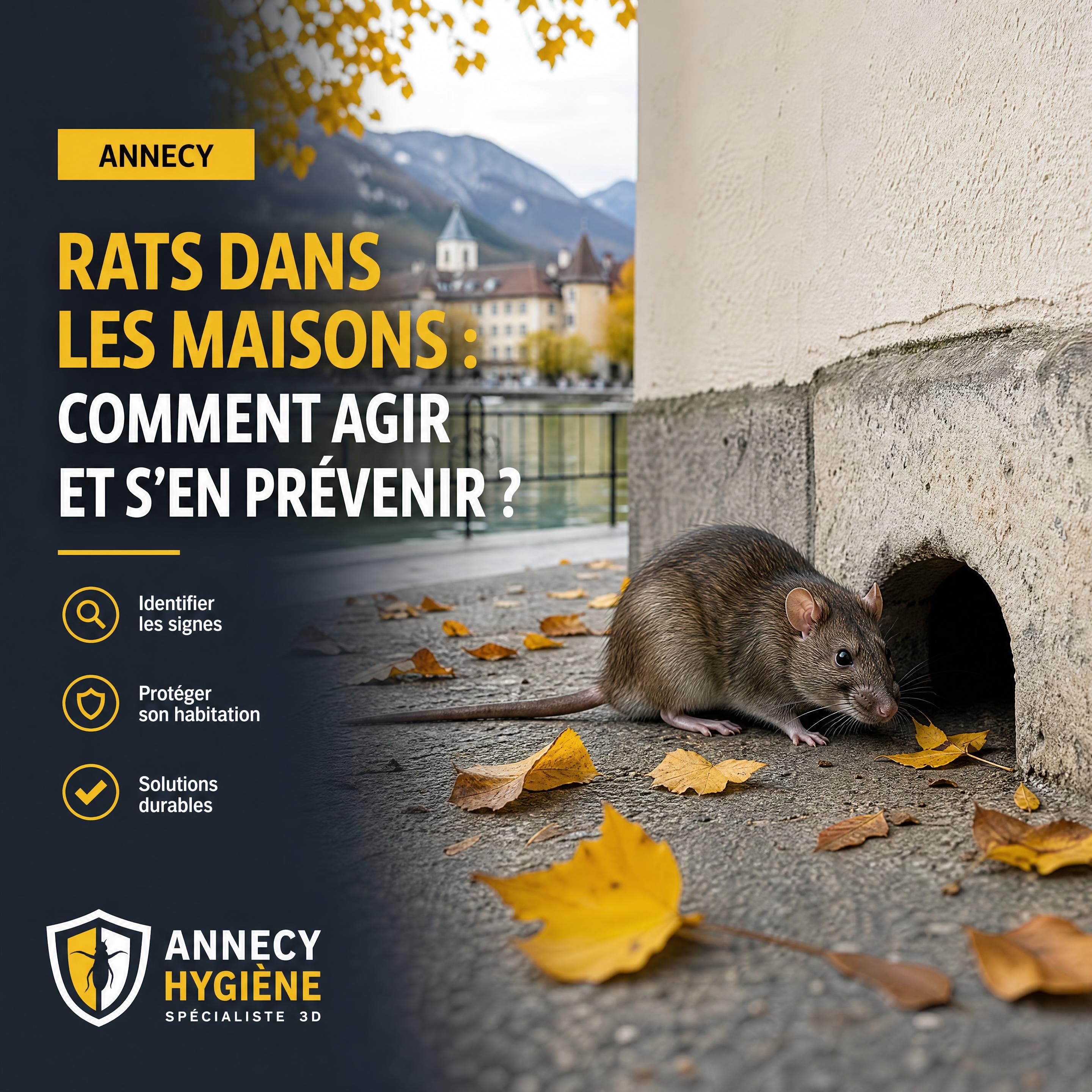 Image horizontale réaliste d’un rat près d’une ouverture au bas d’un mur de maison à Annecy, ambiance automnale, couleurs noir anthracite jaune et blanc, sans personne ni scène choquante