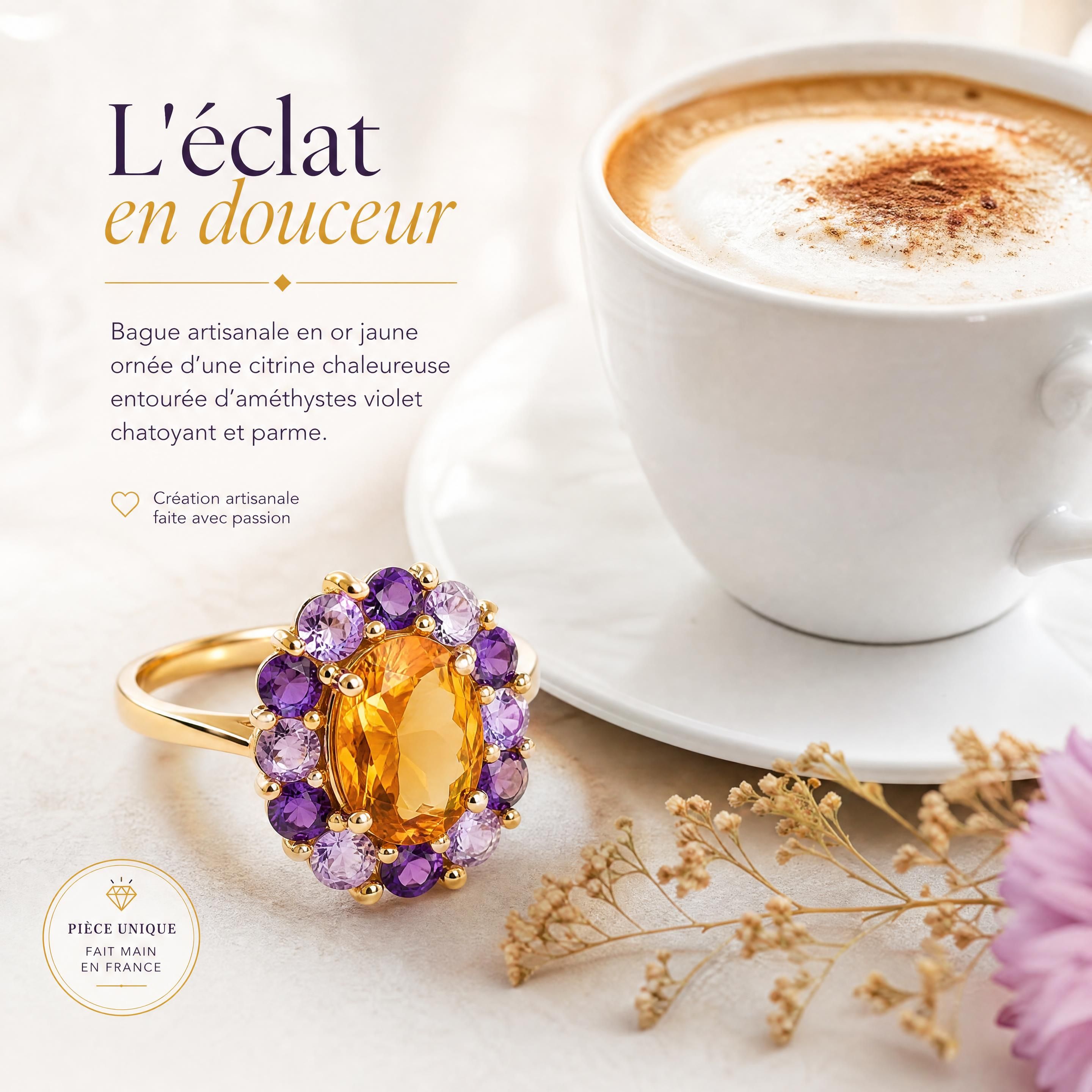 Bague artisanale en or jaune et doré vif ornée d'une citrine chaude entourée de délicates améthystes violet chatoyant et parme, posée à côté d'une tasse à café gourmande en porcelaine blanche