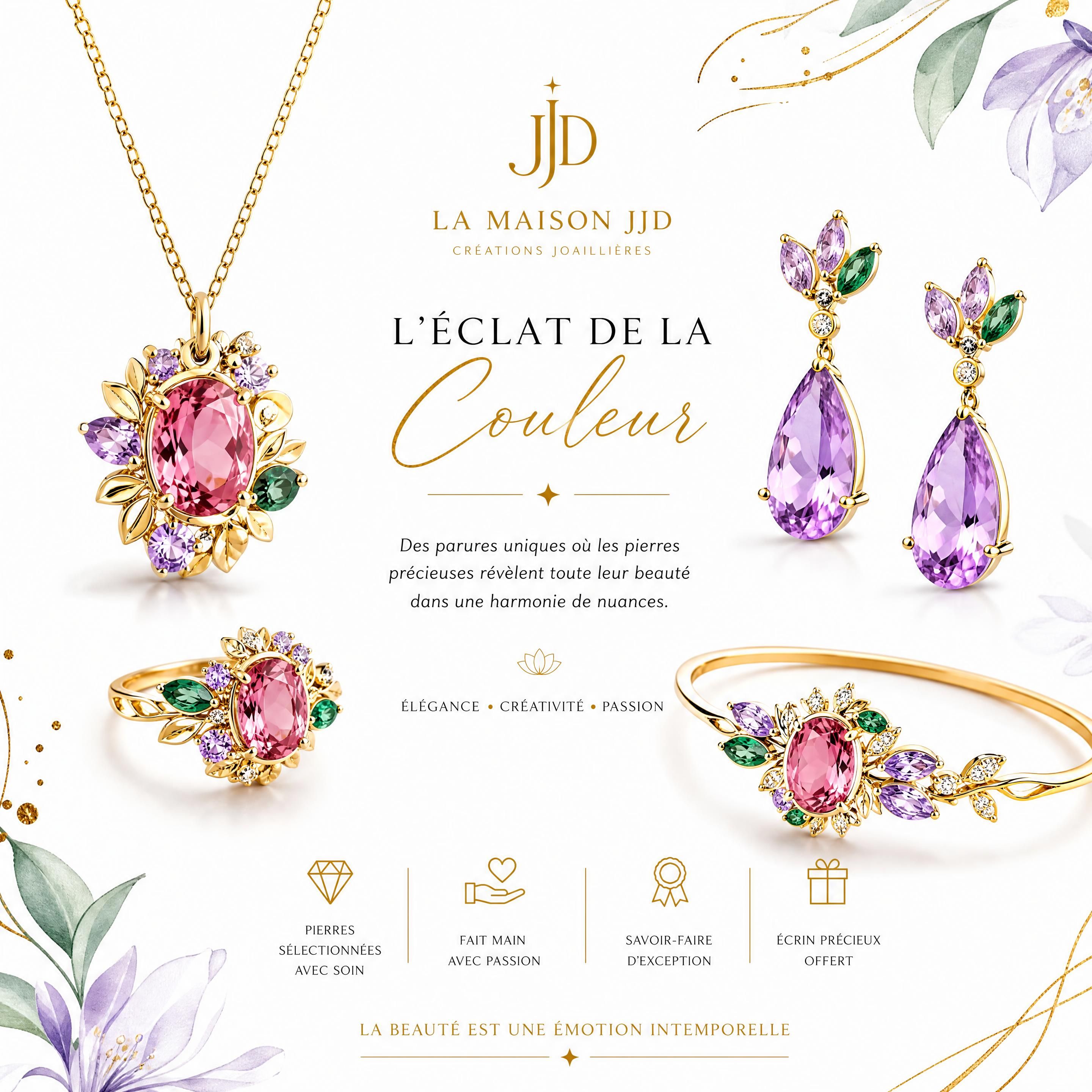 Composition joaillière élégante et lumineuse sur fond blanc immaculé avec accents doré vif, parures créatives serties de tourmaline rose, violet chatoyant et touches de parme et vert émeraude, signée La Maison JJD