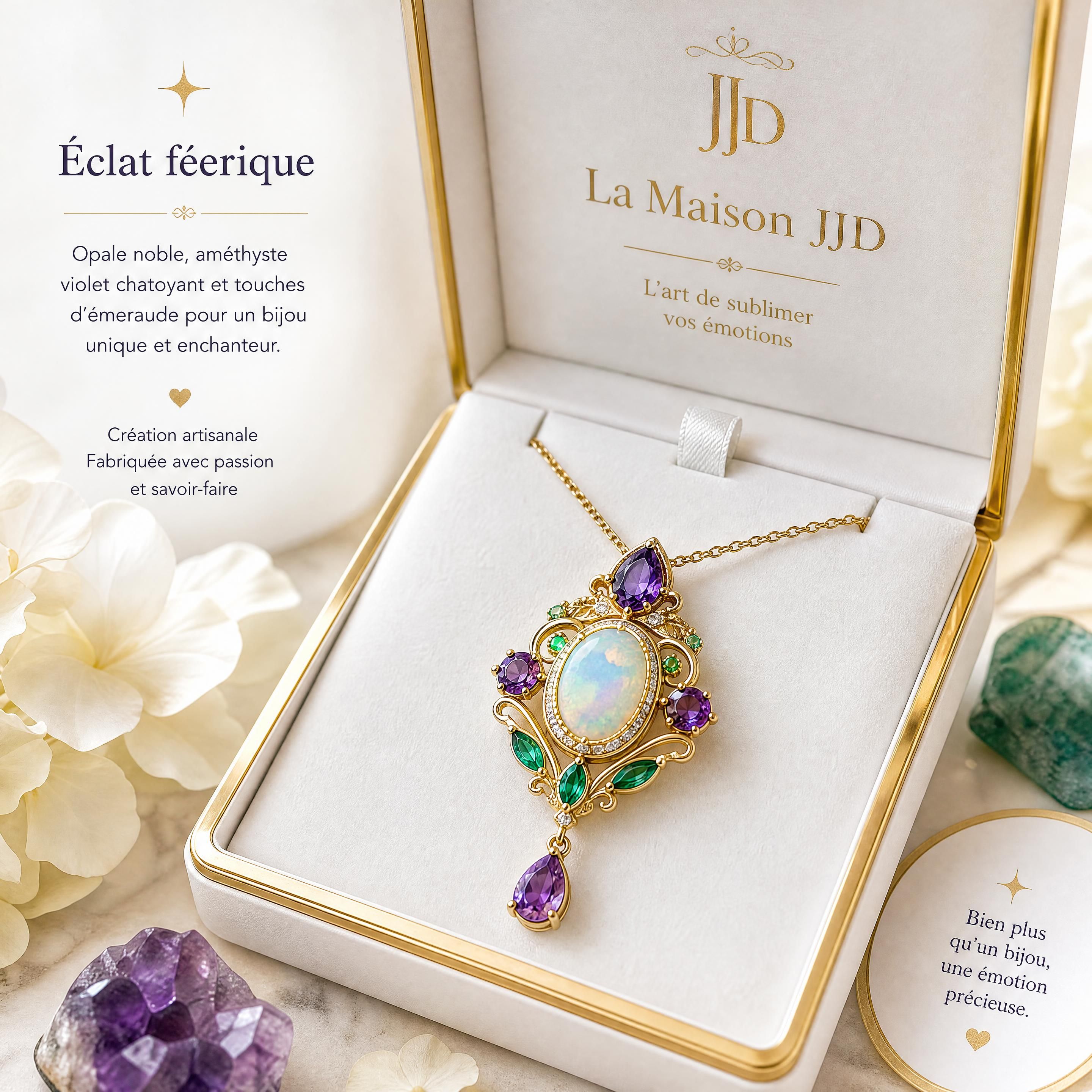 Pendentif féerique en opale noble et améthyste violet chatoyant rehaussé de petites touches de vert émeraude, présenté dans son écrin blanc et doré signé La Maison JJD