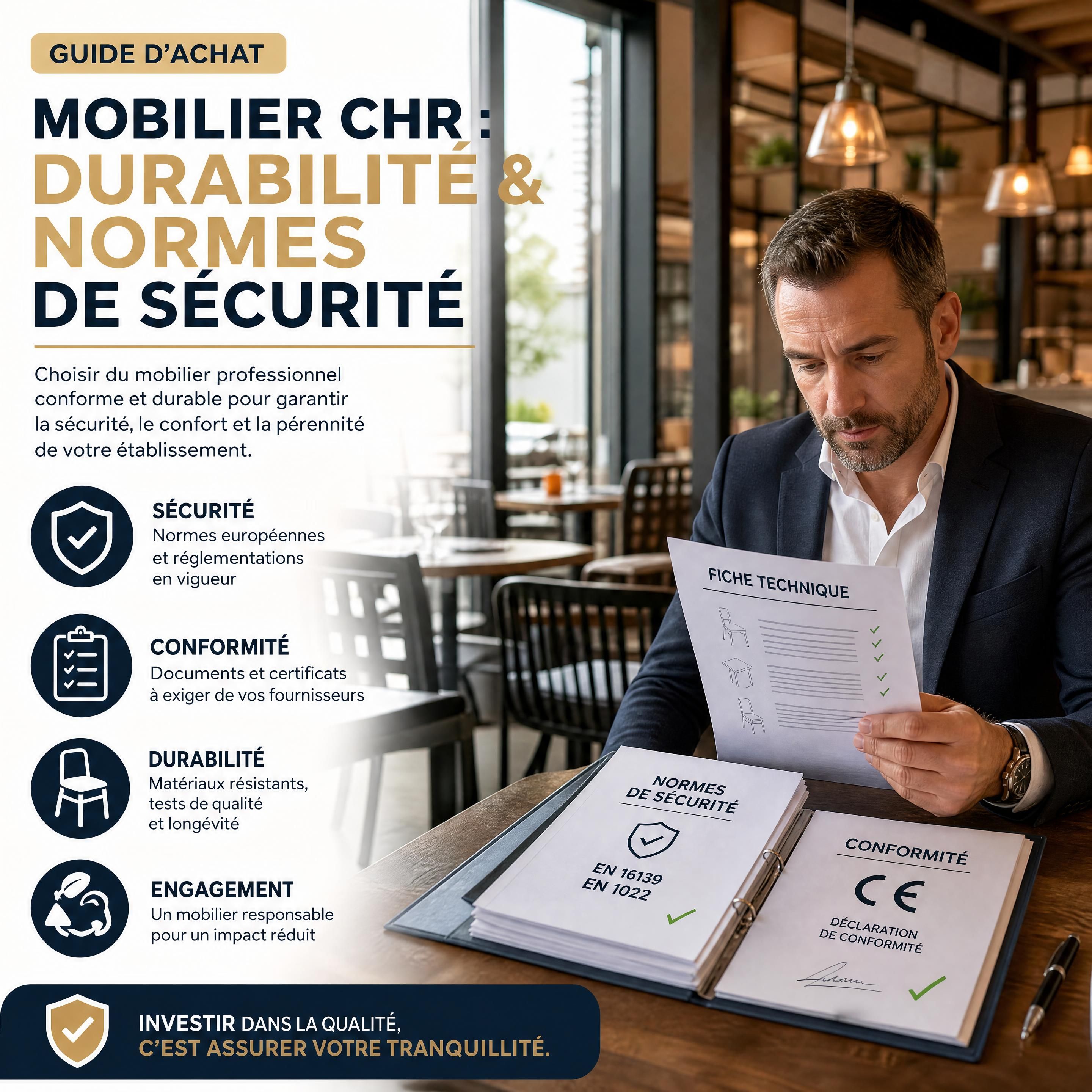 Restaurateur vérifiant la fiche technique, les normes et les documents de conformité d’un ensemble de mobilier CHR