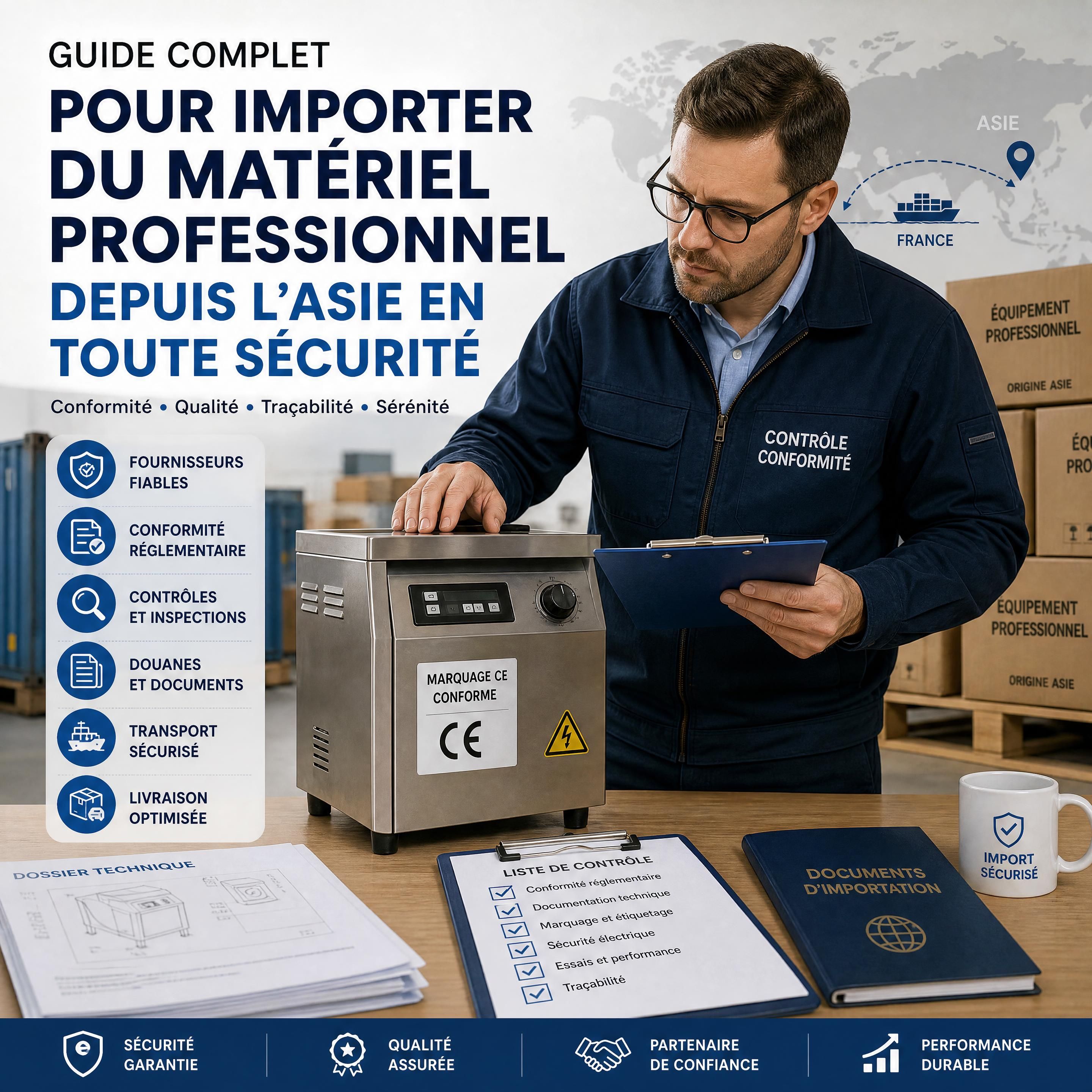 Contrôle de conformité d’un équipement professionnel importé avec documents techniques et marquage réglementaire