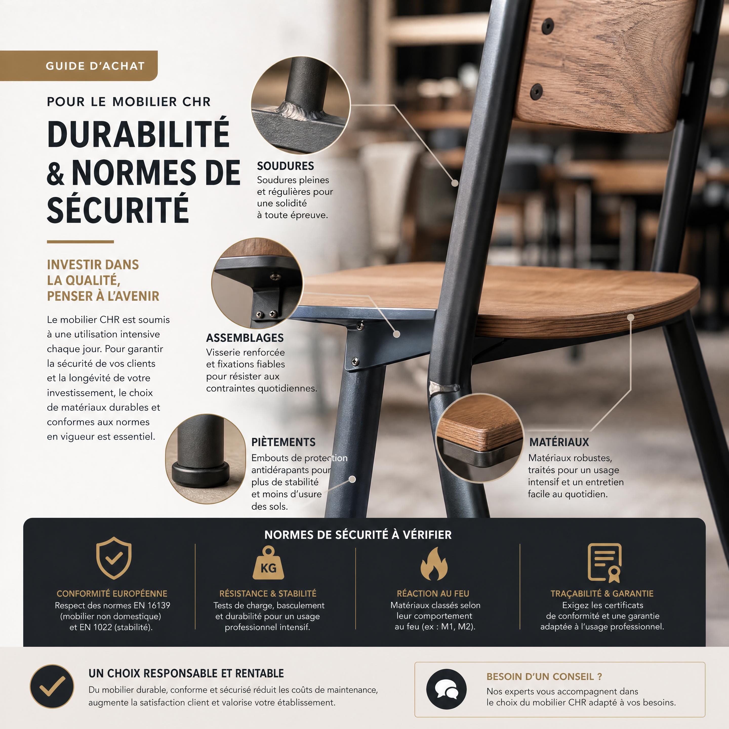 Gros plan sur les assemblages, soudures, piètements et matériaux d’une chaise de restaurant professionnelle