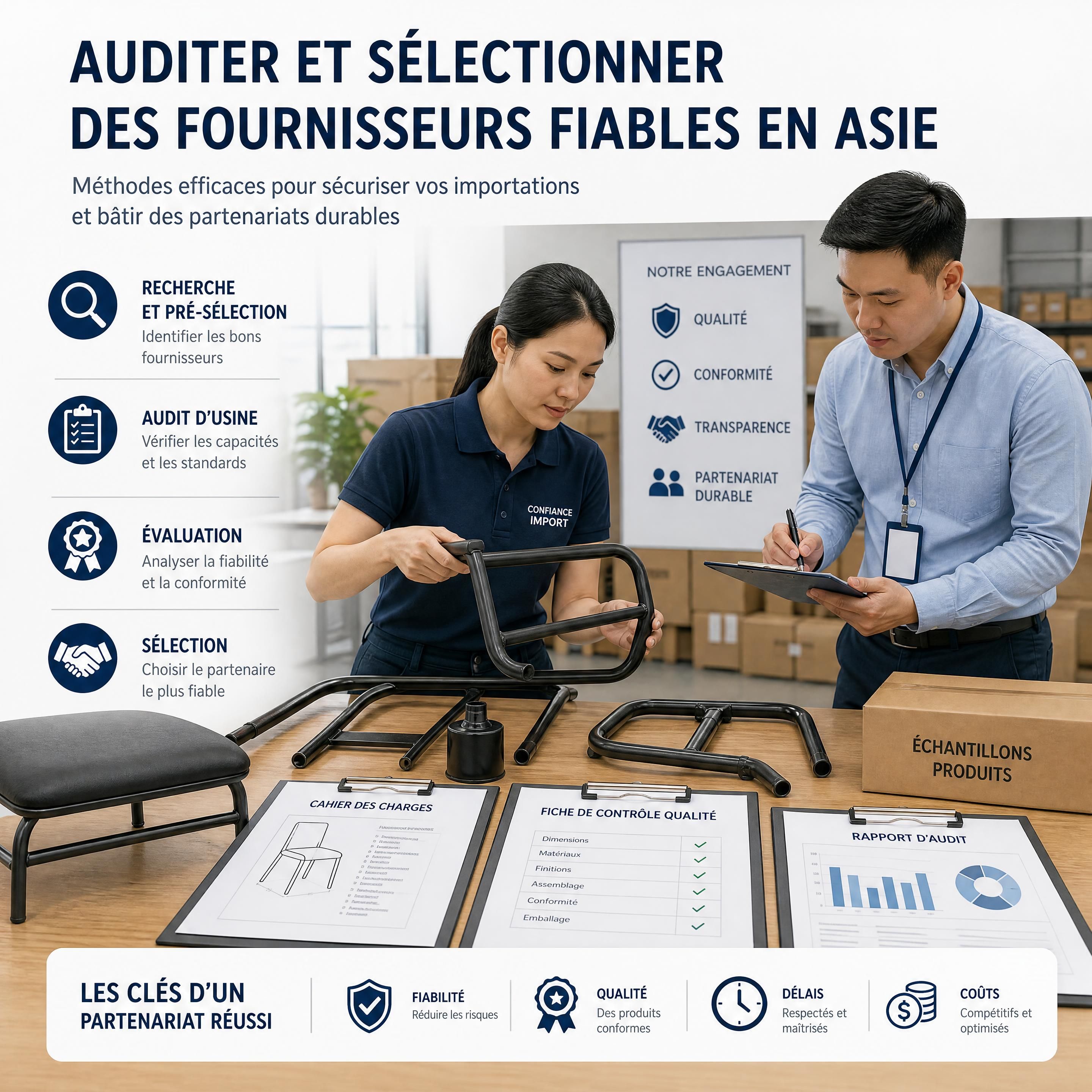 Échantillons de produits importés comparés à un cahier des charges et à une fiche de contrôle qualité