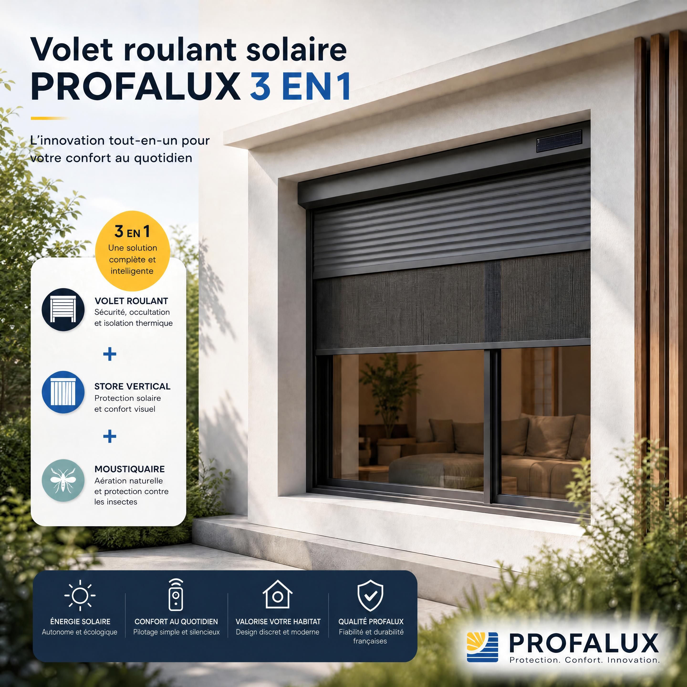 Volet roulant solaire Profalux 3 en 1 installé sur une baie vitrée avec store vertical et protection moustiquaire