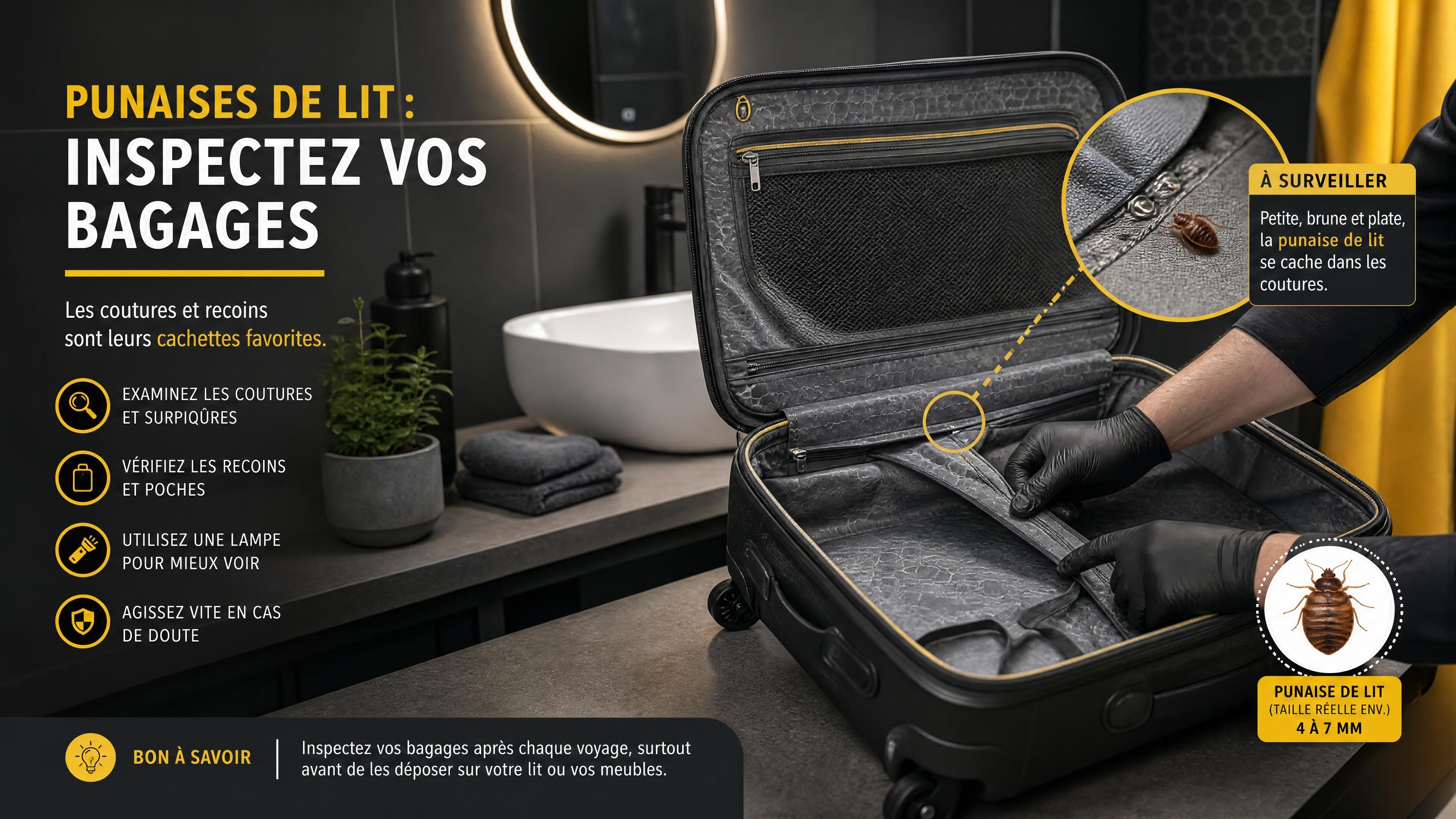 valise ouverte dans une salle de bains avec inspection des coutures et punaise de lit réaliste, ambiance anthracite jaune et blanche, format horizontal 1200x630