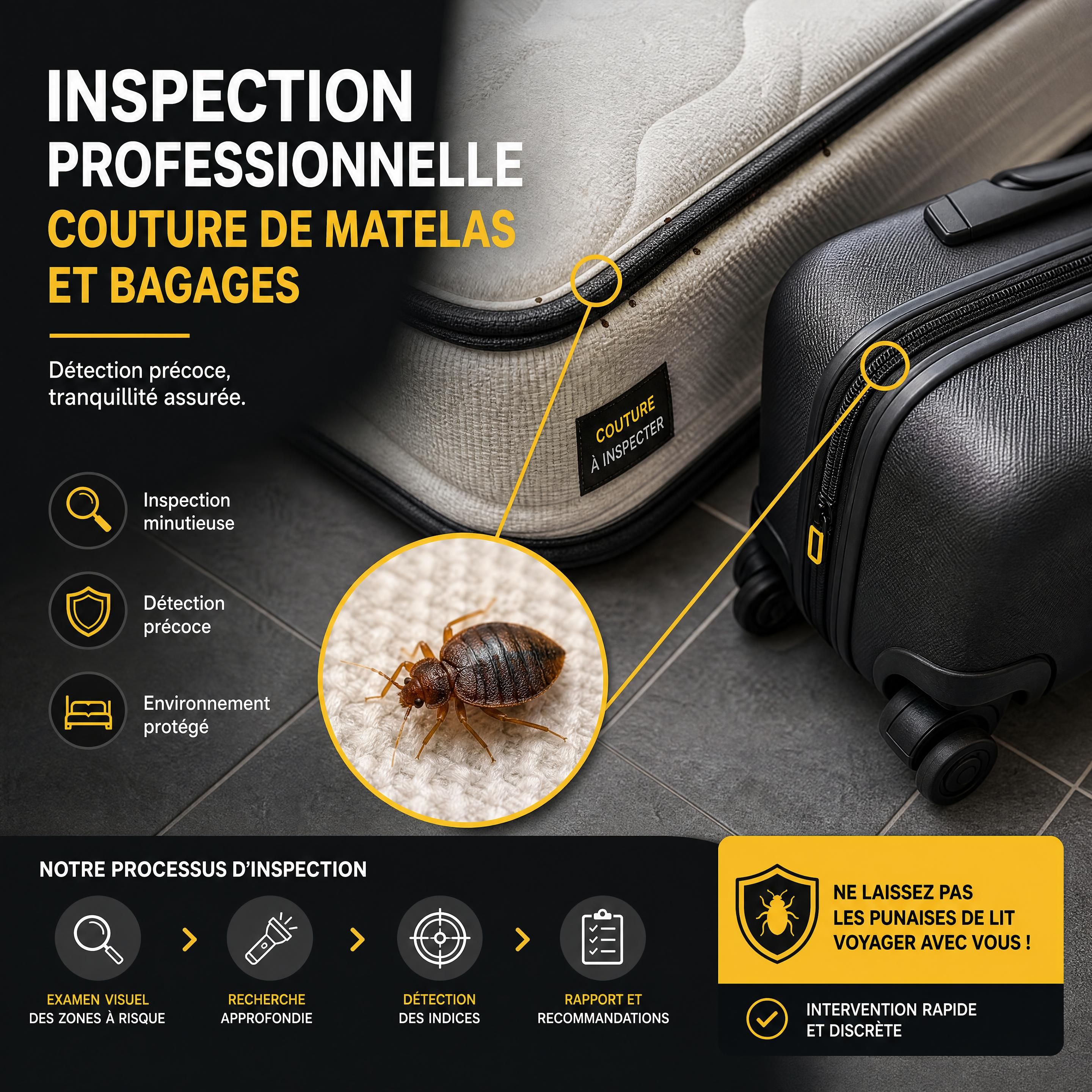 inspection professionnelle d’une couture de matelas et d’un bagage posé sur un sol carrelé, punaise de lit réaliste, sans personne, couleurs noir anthracite jaune et blanc