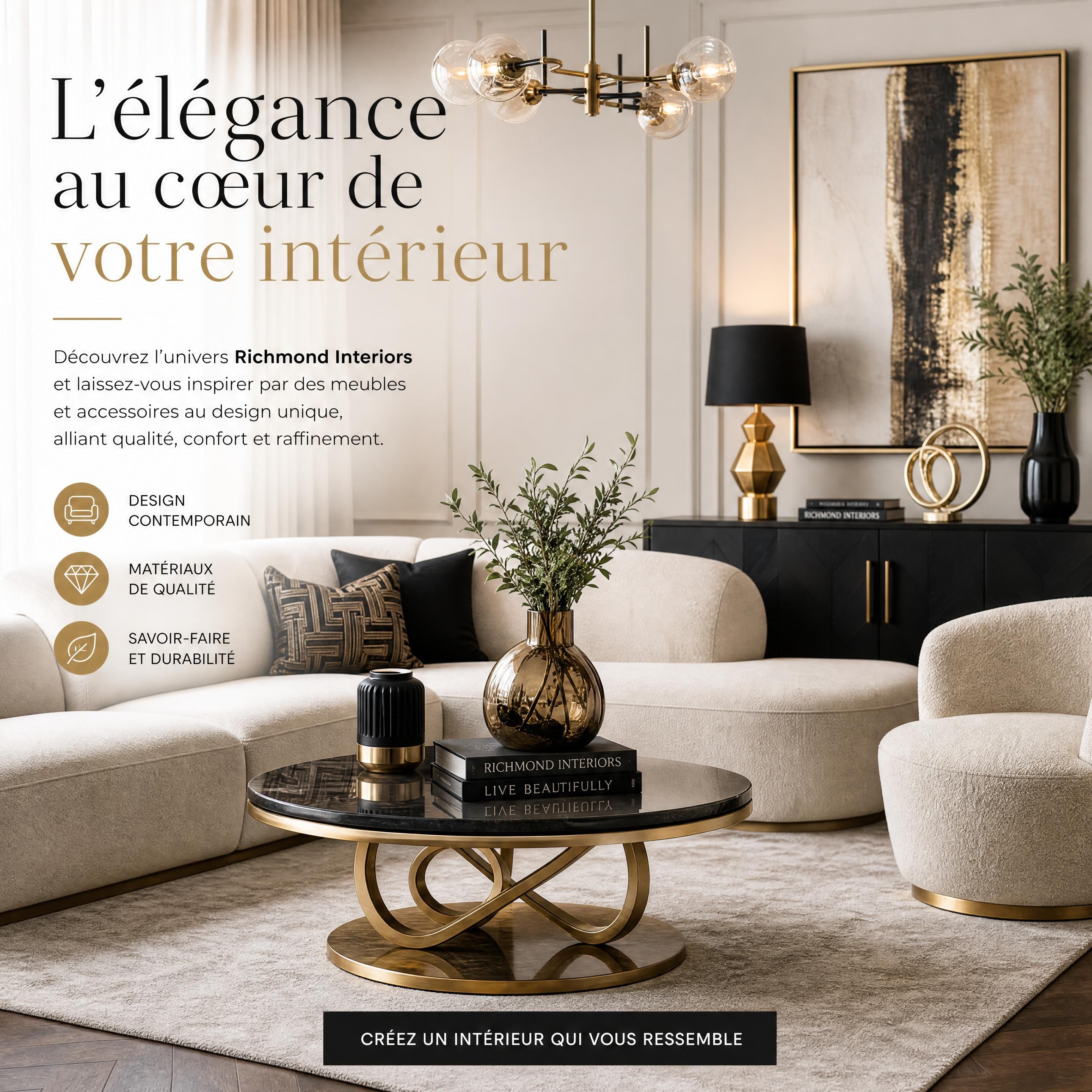 Salon élégant avec mobilier Richmond Interiors, table basse raffinée, luminaires et accessoires décoratifs dans une ambiance contemporaine