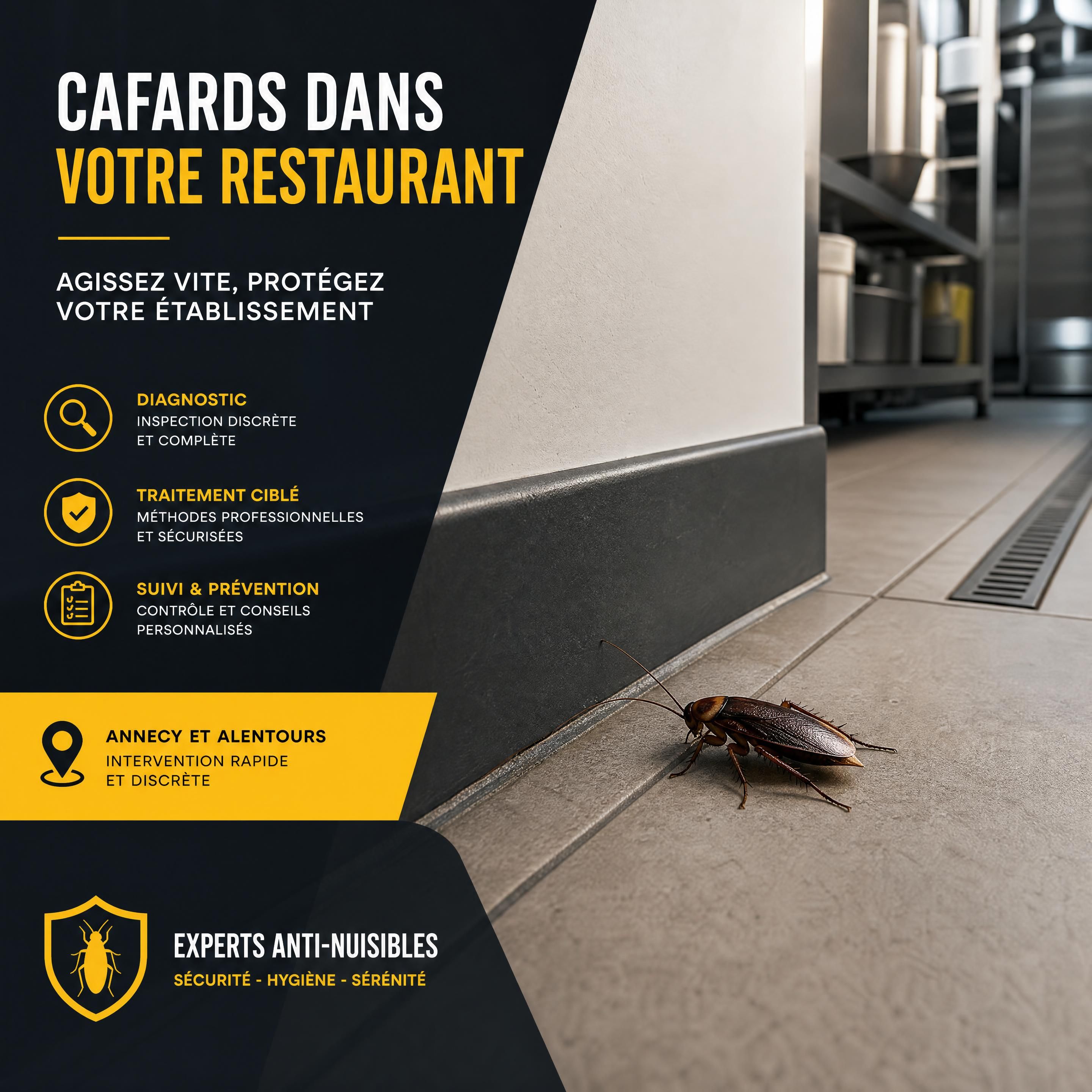 Cafard réaliste près d’une plinthe dans l’arrière-cuisine d’un restaurant à Annecy, ambiance professionnelle, couleurs noir anthracite jaune et blanc, sans personne ni aliment contaminé