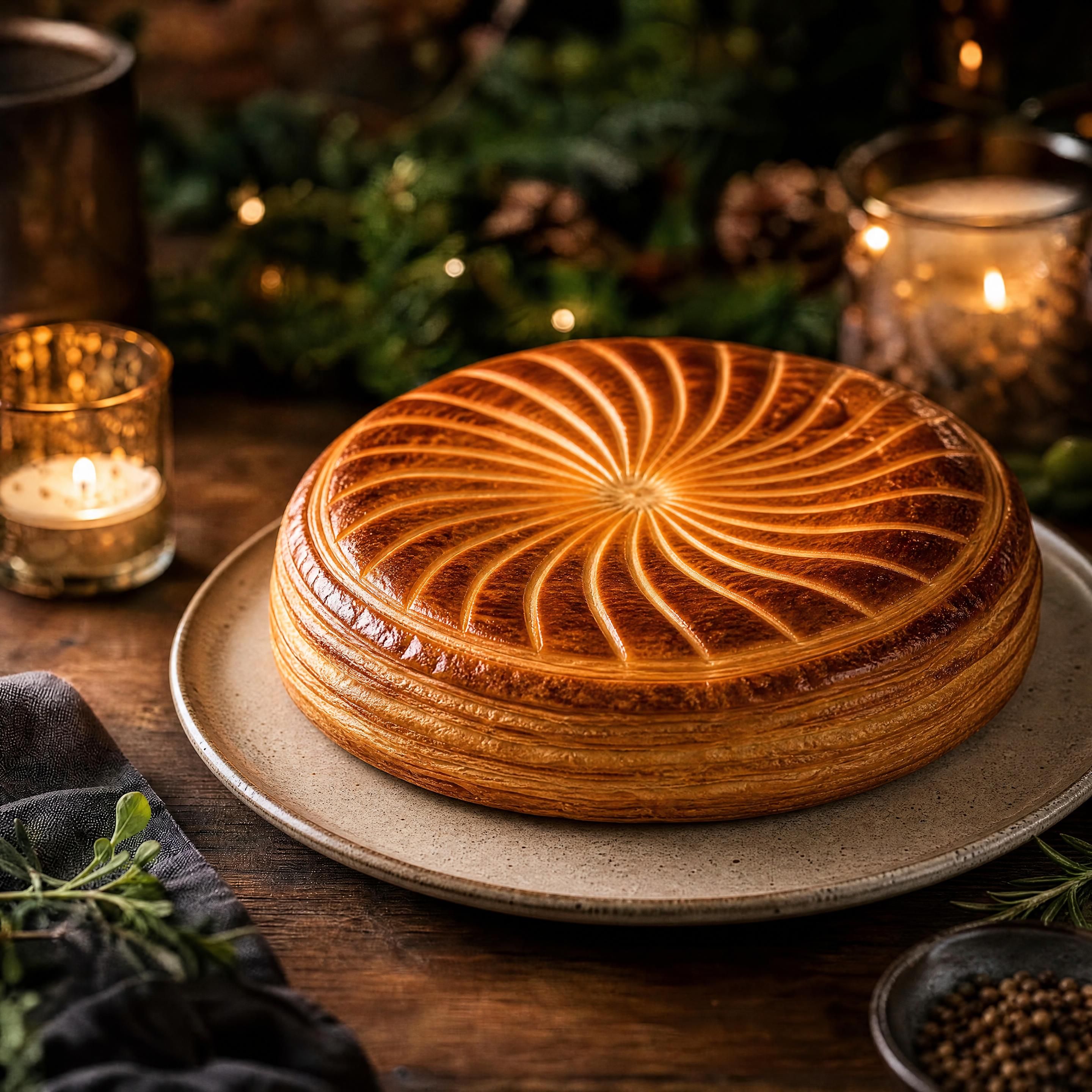 Pithiviers au foie gras doré et croustillant, présenté entier sur un plat de fête