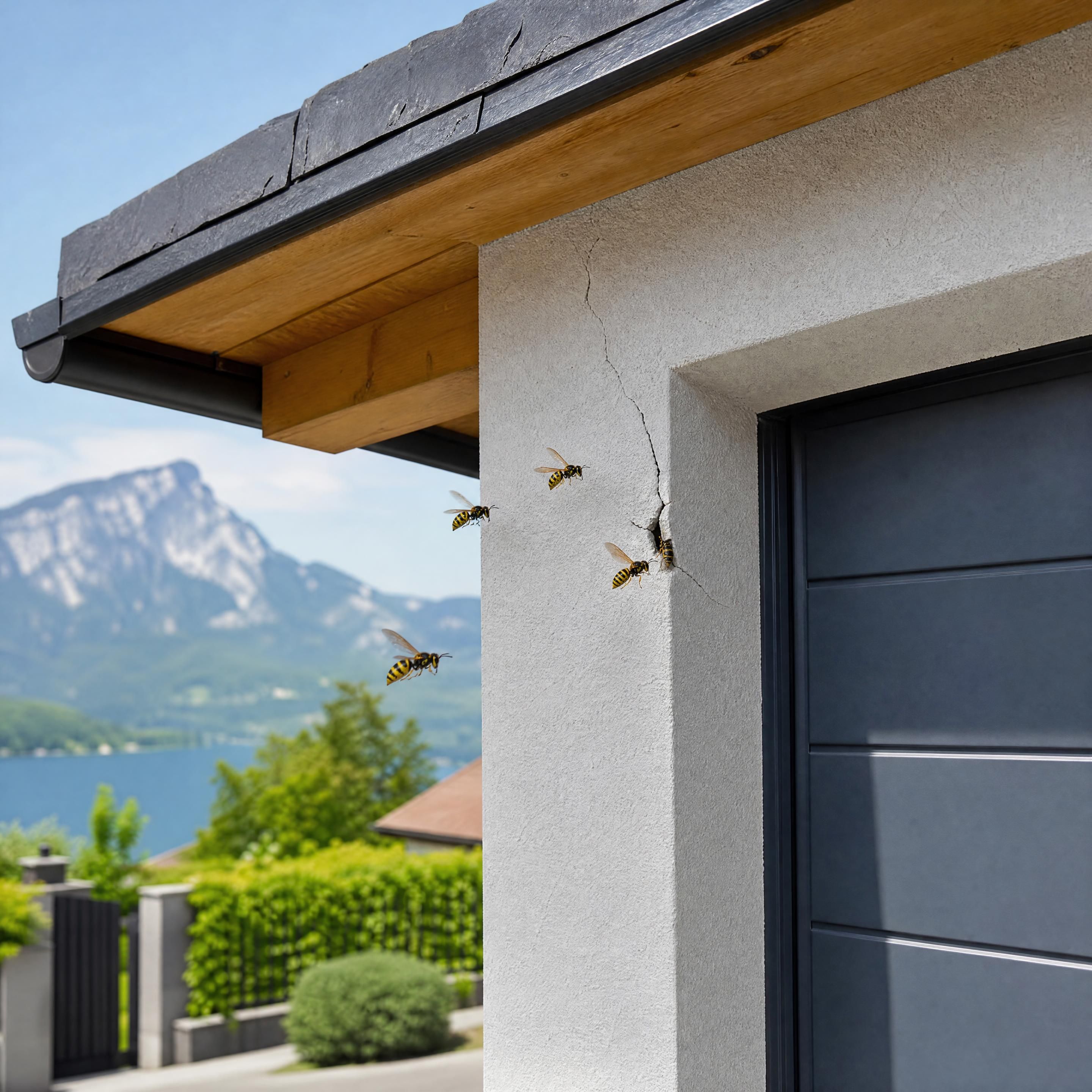 Garage résidentiel à Annecy avec quelques guêpes entrant par une fissure près d’une porte ou d’une toiture, scène réaliste sans personne, sans texte et sans nid manipulé