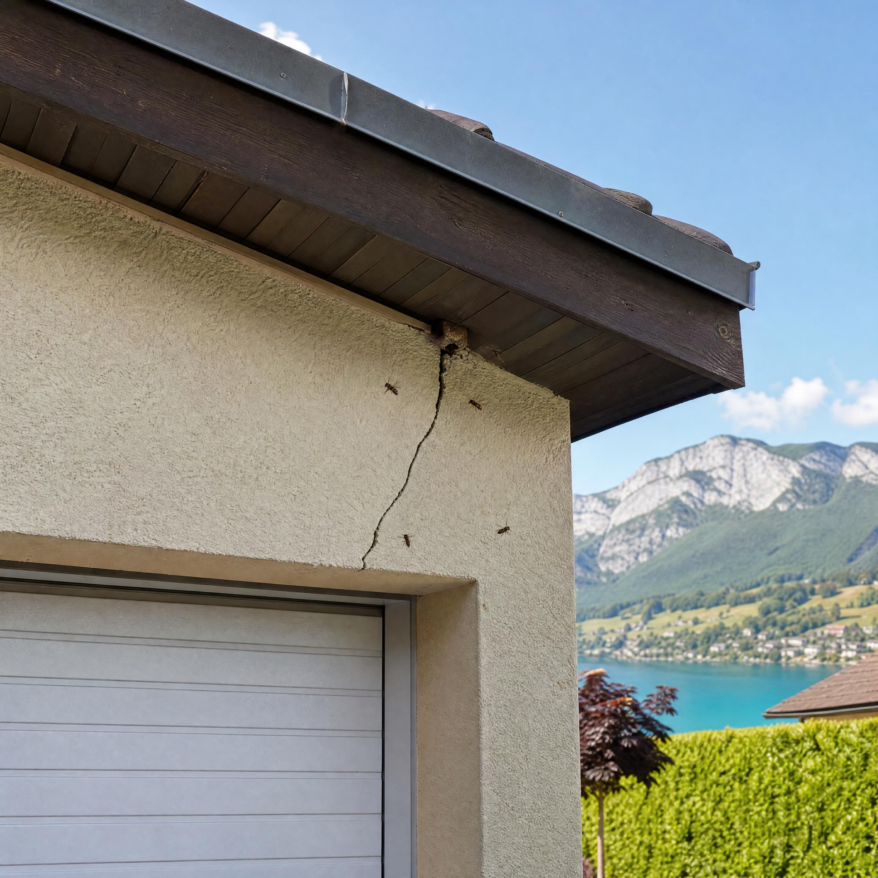 Vue horizontale réaliste d’un garage près d’Annecy avec une fissure sous une avancée de toit et quelques guêpes visibles à distance, sans personne, sans texte, sans équipement et sans scène d’attaque