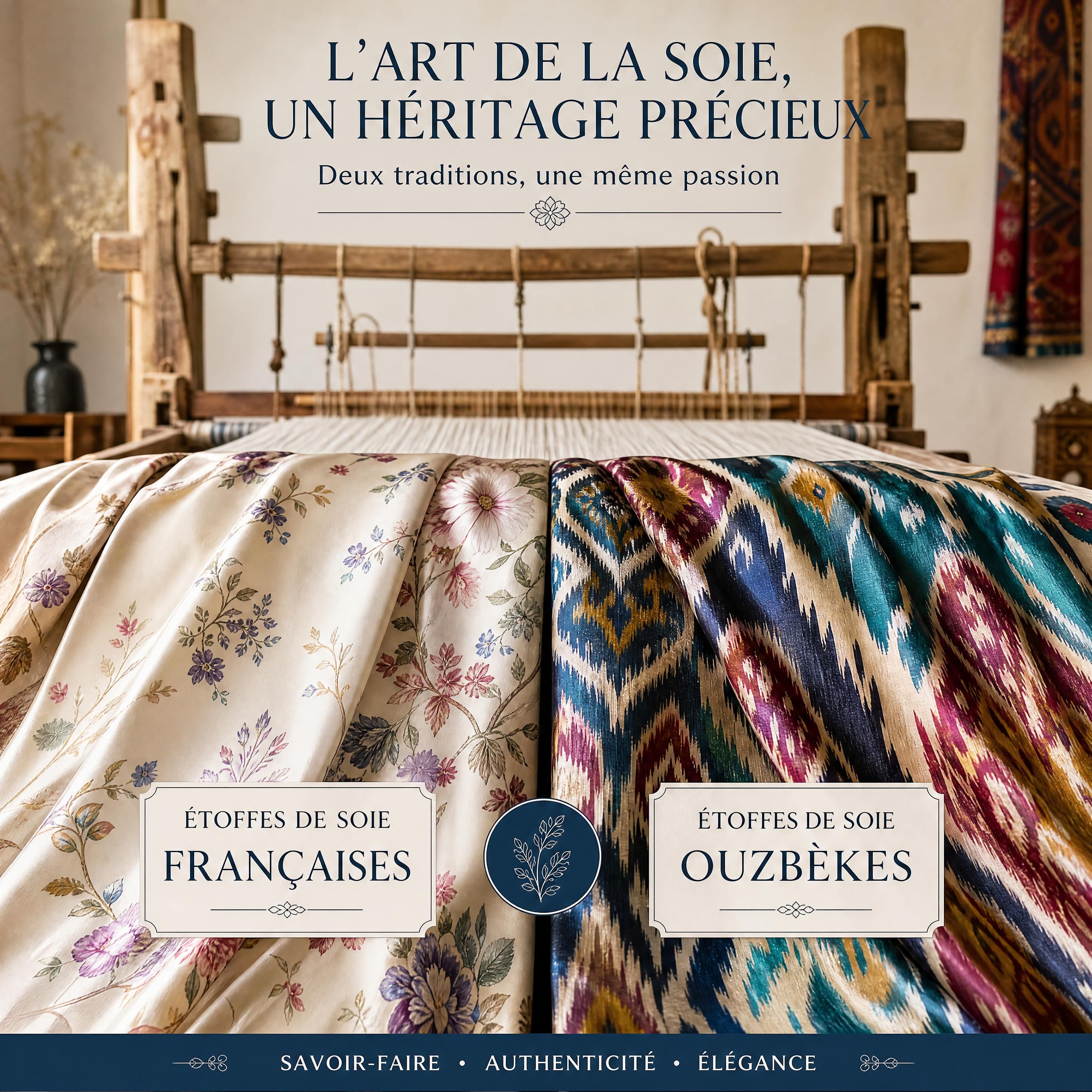 Étoffes de soie françaises et ouzbèkes présentées côte à côte, avec un métier à tisser traditionnel en arrière-plan