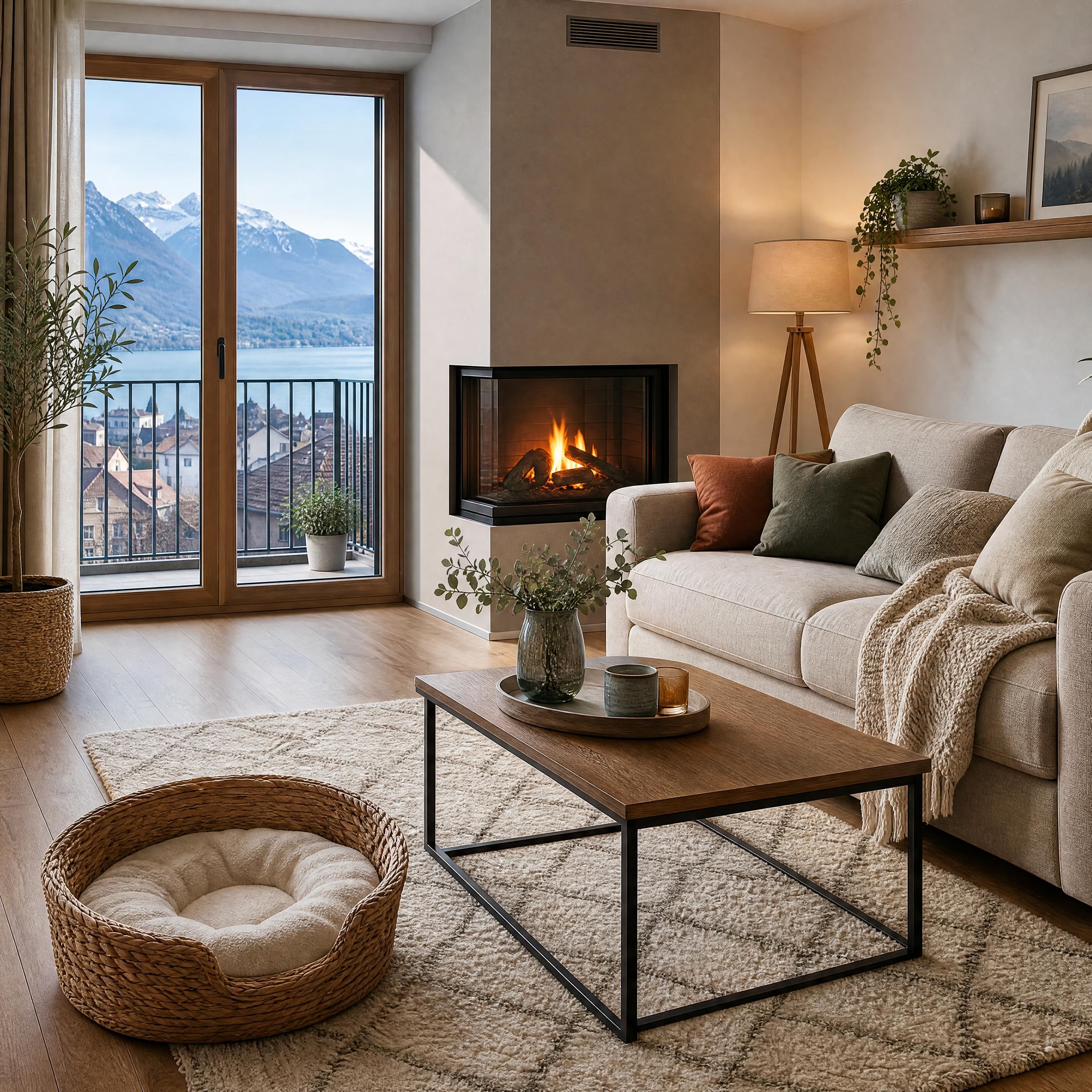 Intérieur d’un appartement chauffé à Annecy avec tapis, canapé et panier pour chien ou chat, ambiance réaliste sans personne ni texte