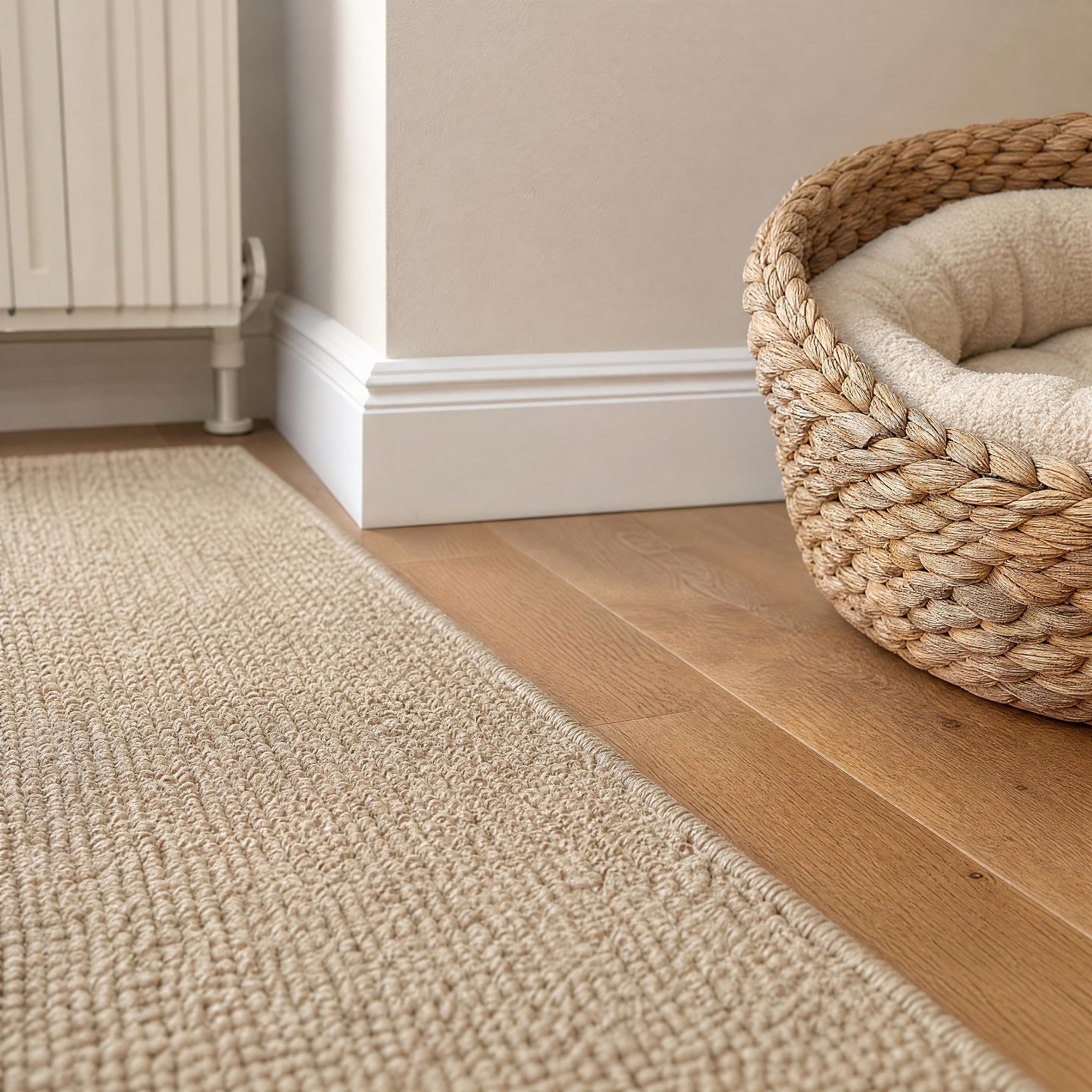 Détail réaliste d’un tapis, d’une plinthe et d’un panier pour chat dans un logement chauffé, sans personne ni texte