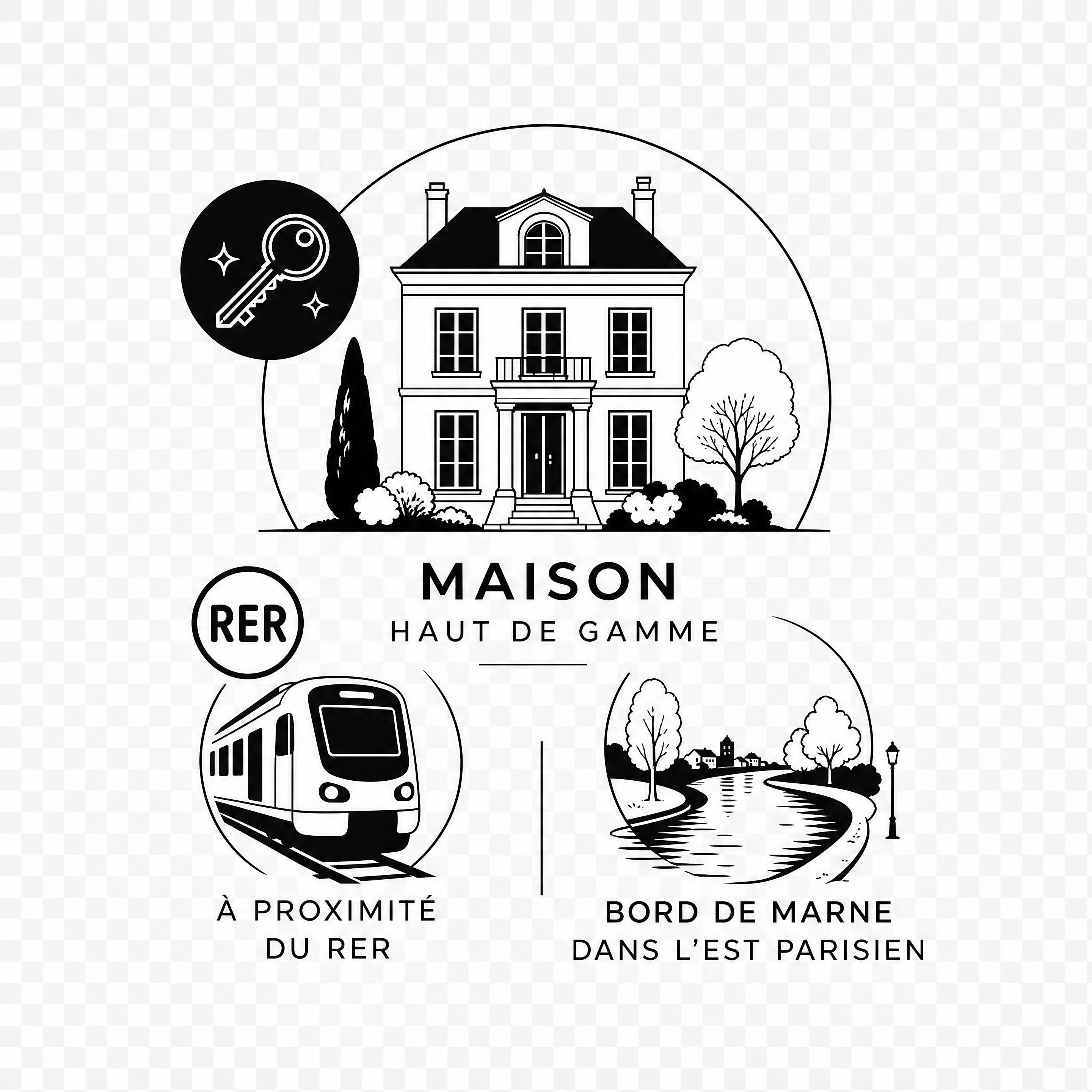 Illustration minimaliste en fond blanc transparent, icônes noires représentant une maison haut de gamme, une clé, le RER et la Marne dans l’Est Parisien