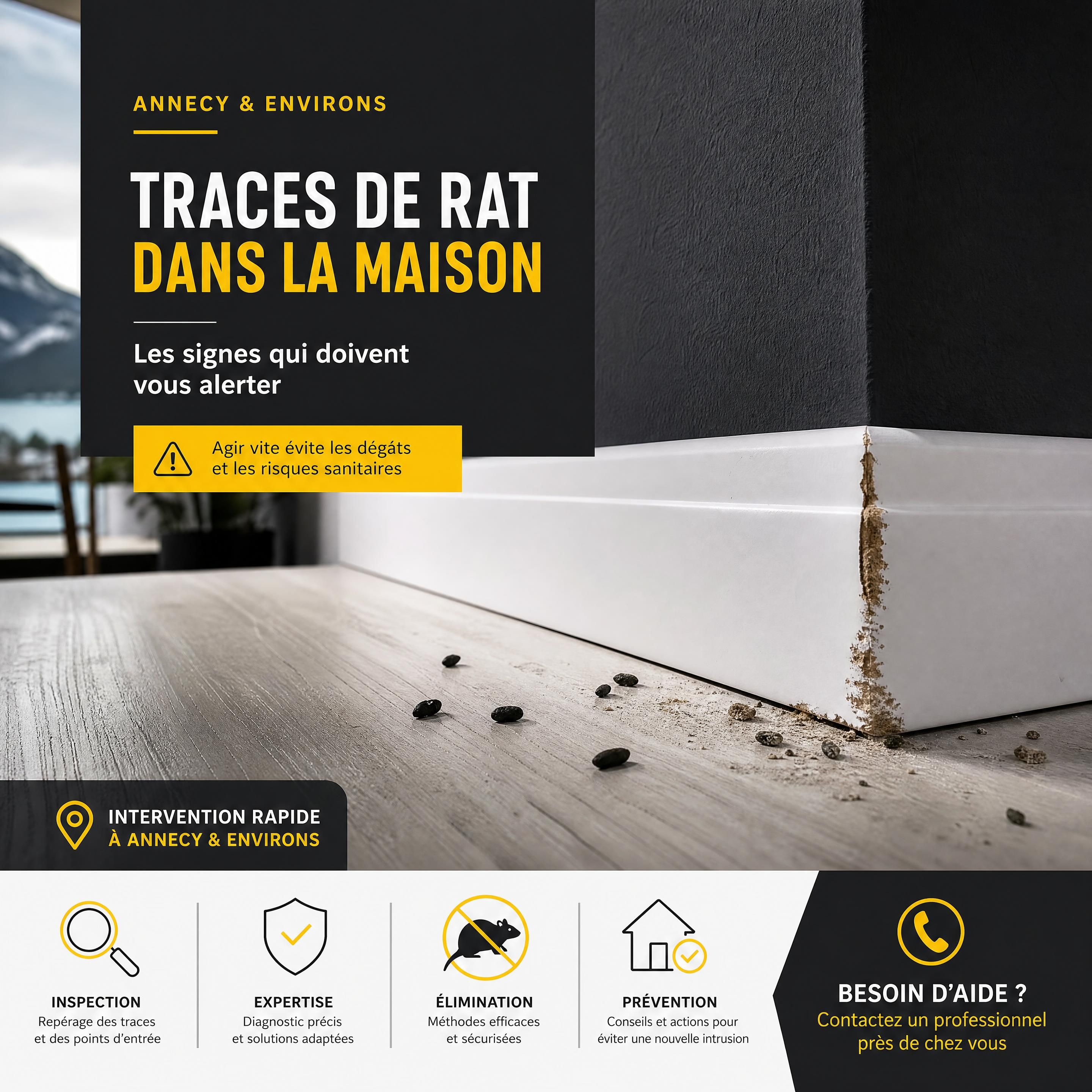 Intérieur de maison à Annecy avec traces de passage de rat près d’une plinthe, ambiance réaliste, couleurs noir anthracite jaune et blanc, sans personne