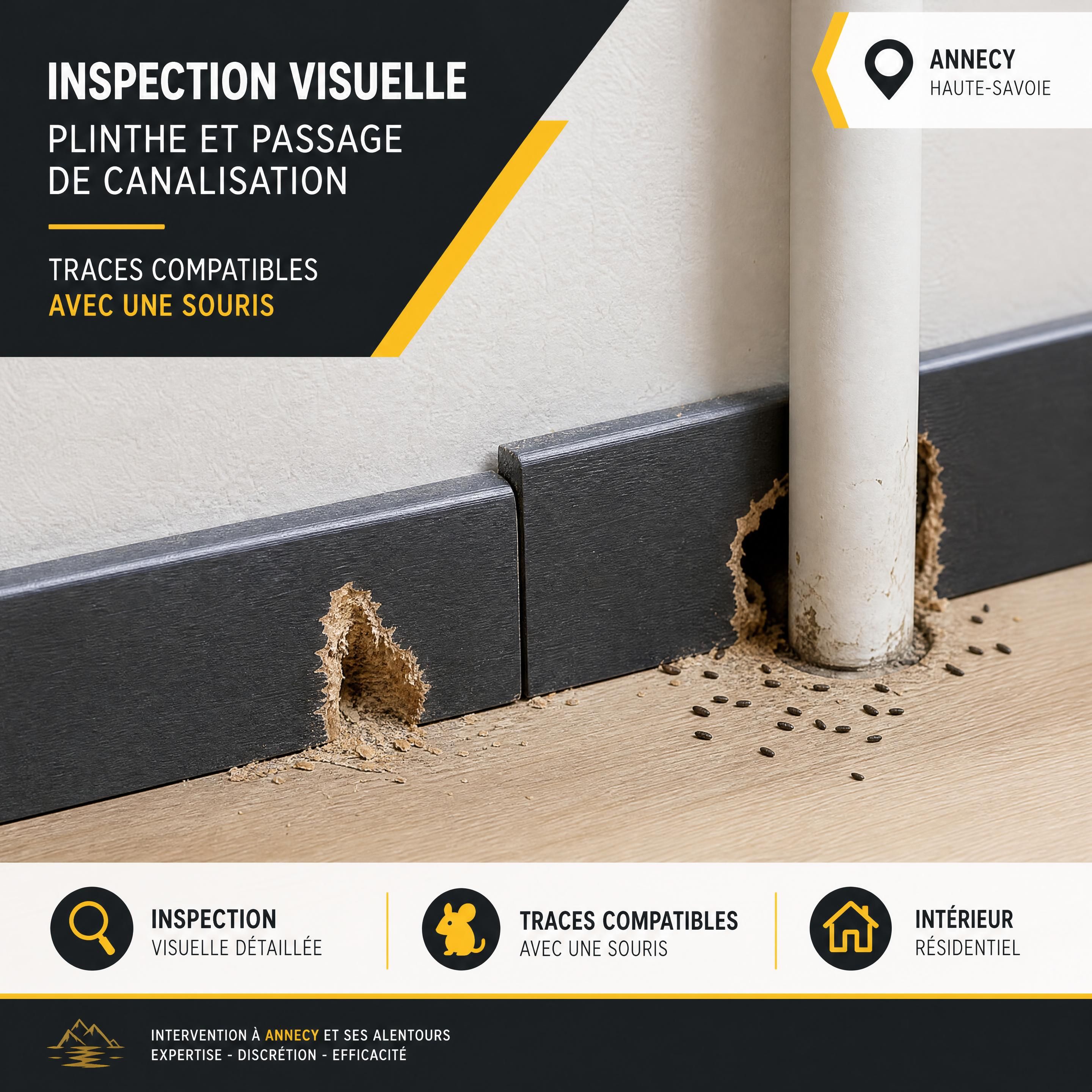 Inspection visuelle d’une plinthe et d’un passage de canalisation avec traces compatibles avec une souris, intérieur résidentiel d’Annecy, style réaliste, noir anthracite jaune et blanc, sans personne