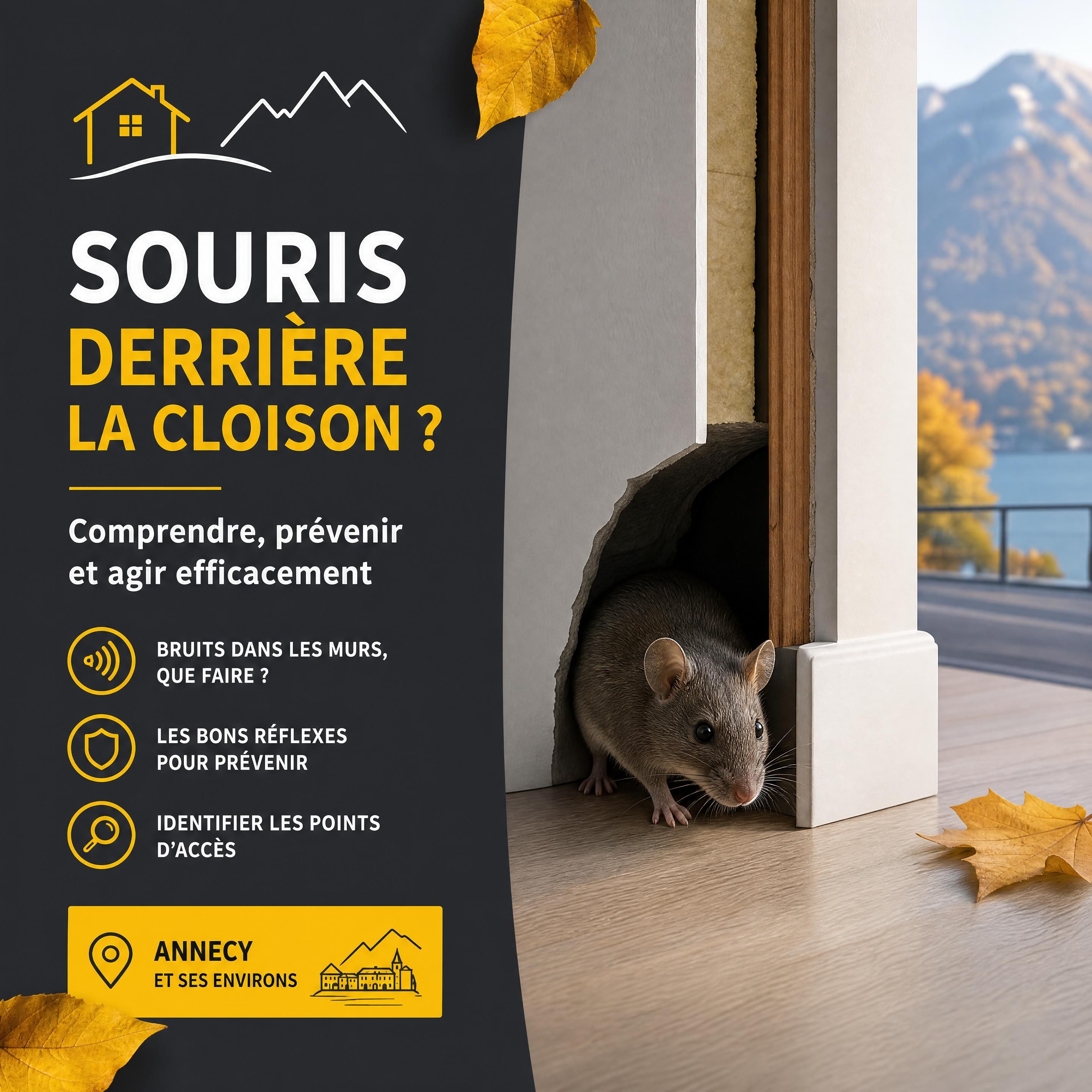Souris réaliste circulant derrière une cloison intérieure près d’une plinthe dans une maison à Annecy, ambiance automnale, couleurs noir anthracite jaune et blanc, sans personne ni technicien