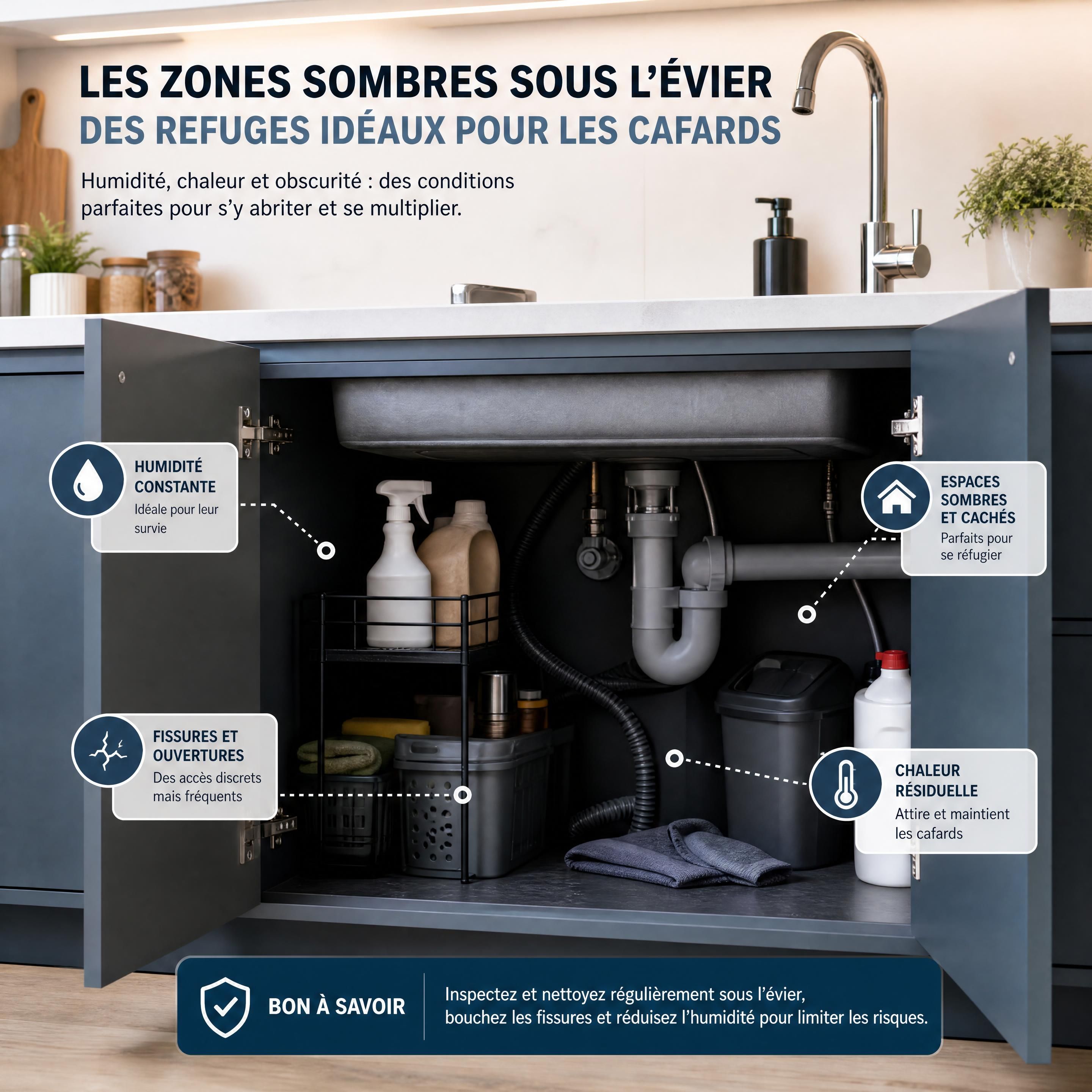 Vue rapprochée d'une cuisine moderne avec des zones sombres sous l'évier propices aux refuges de cafards