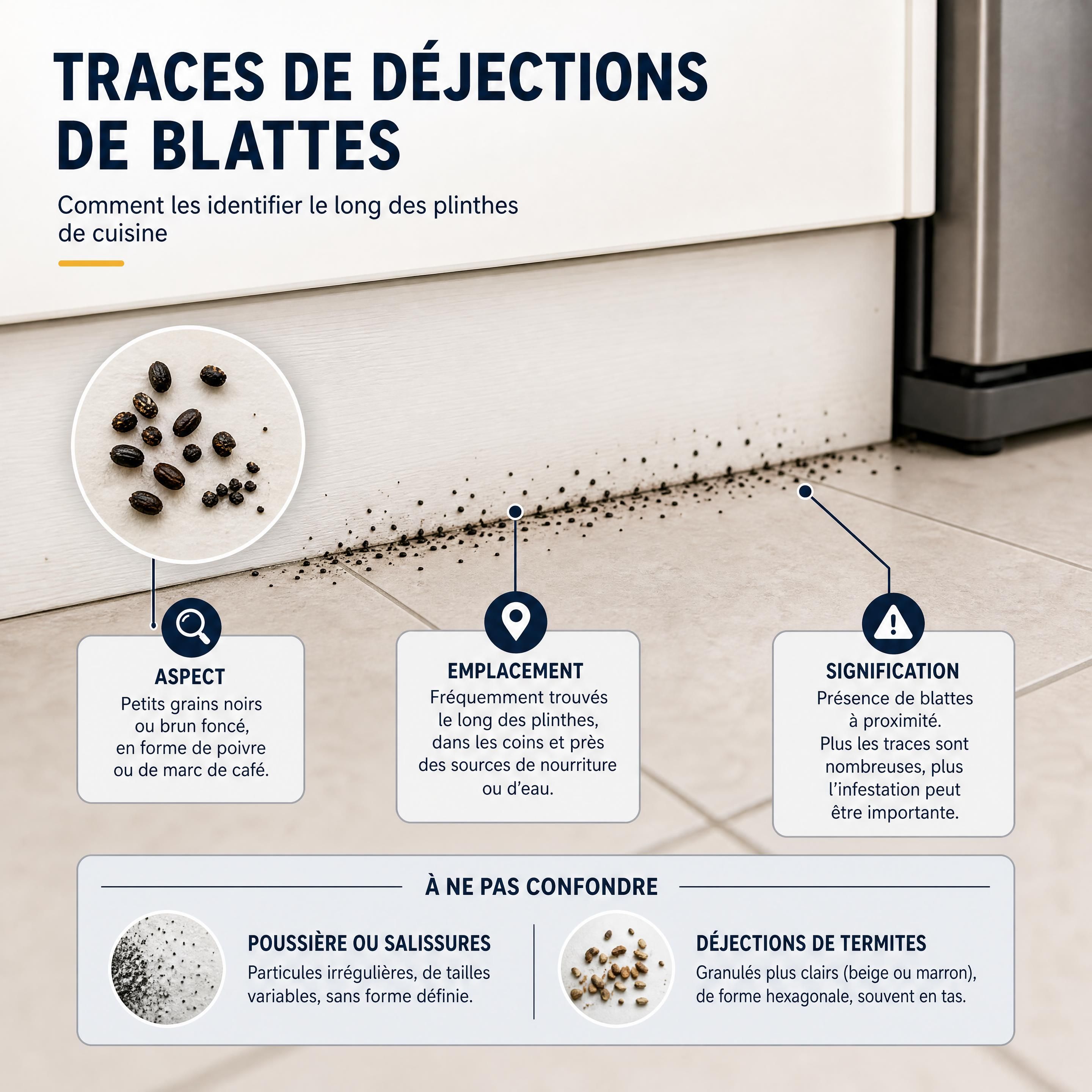 Illustration de traces de déjections de blattes le long d'une plinthe de cuisine pour aider à l'identification